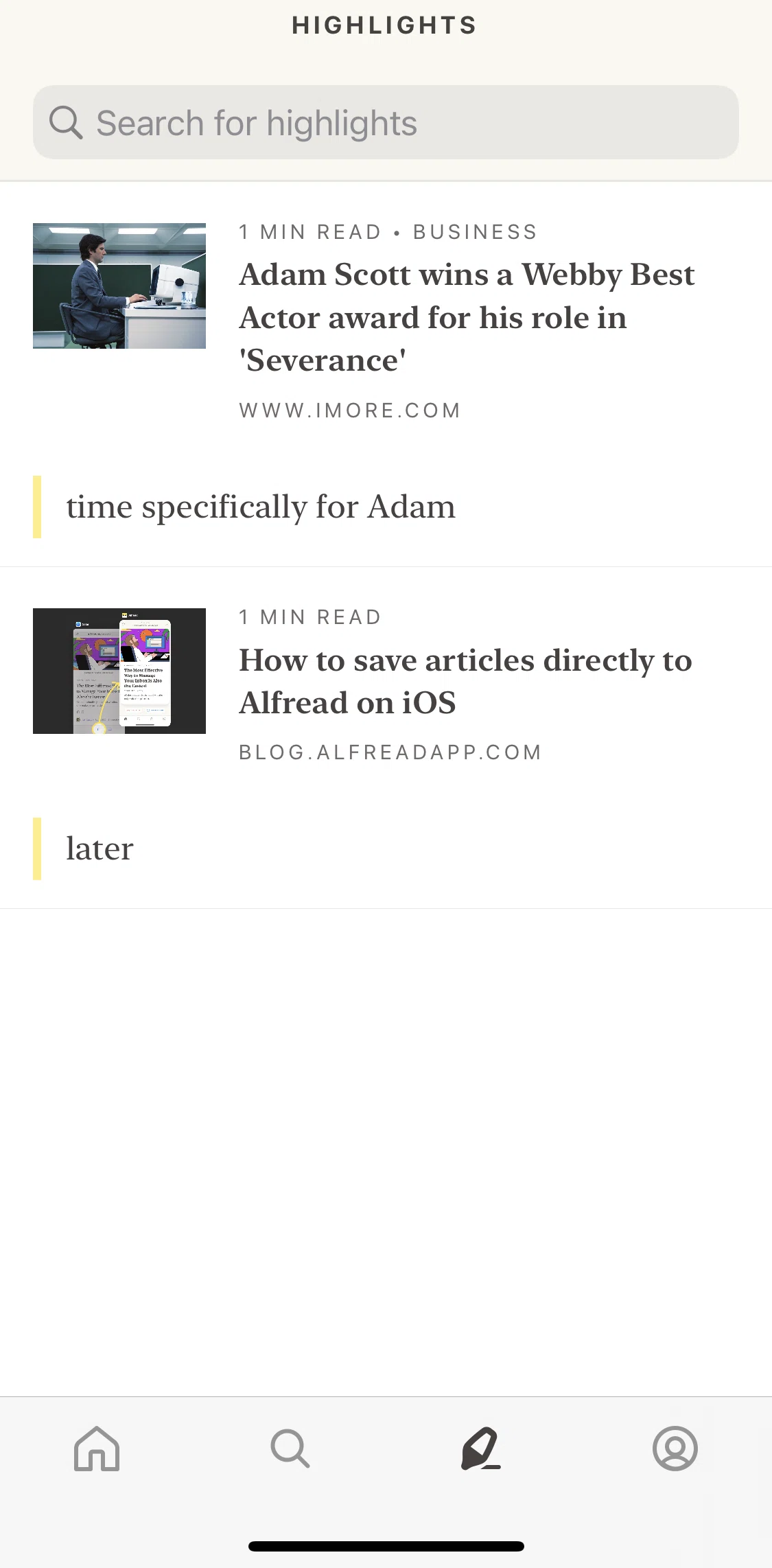 Alfread Screen screen in the Highlights flow