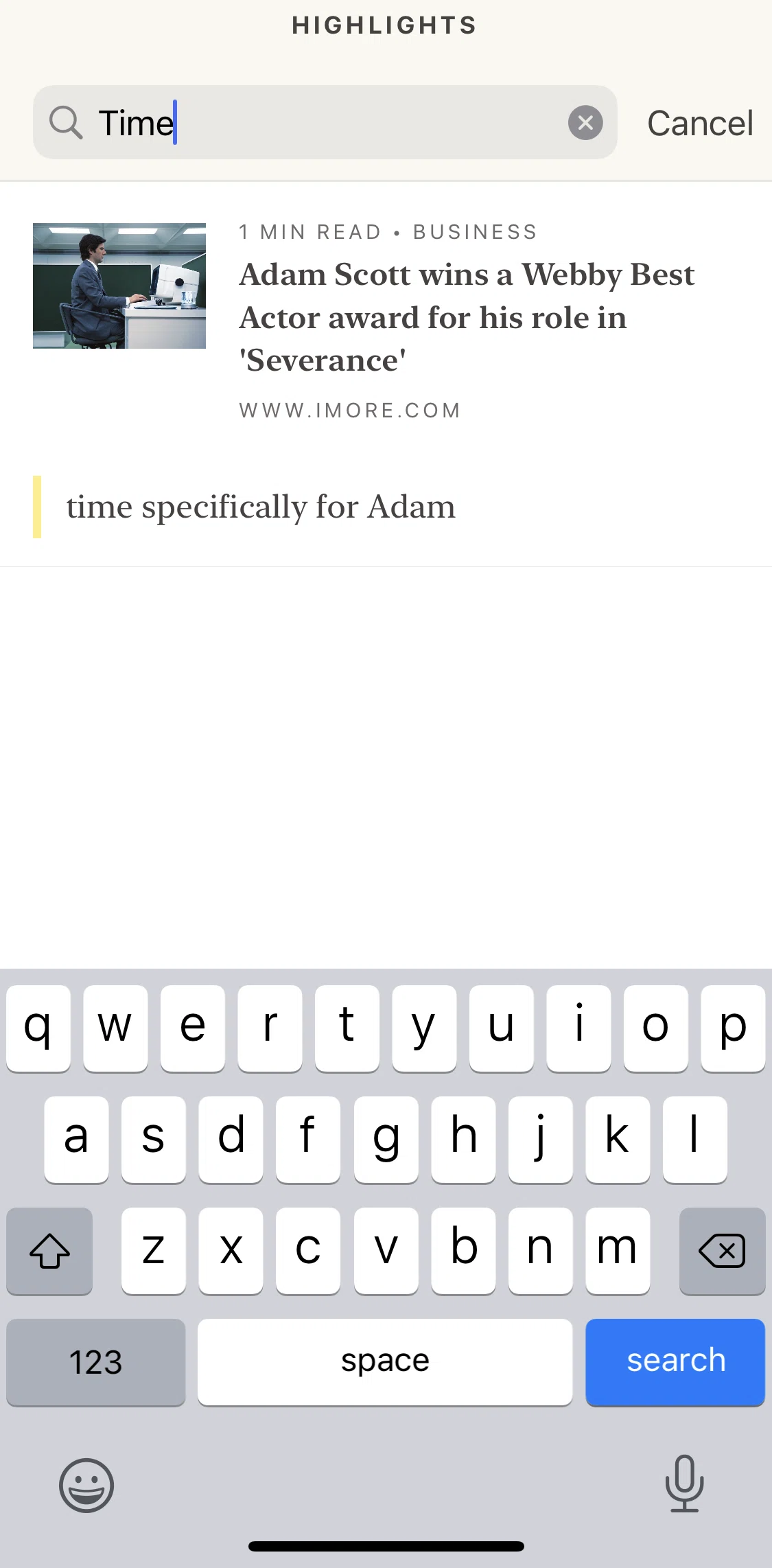 Alfread Screen screen in the Reading highlighted text flow