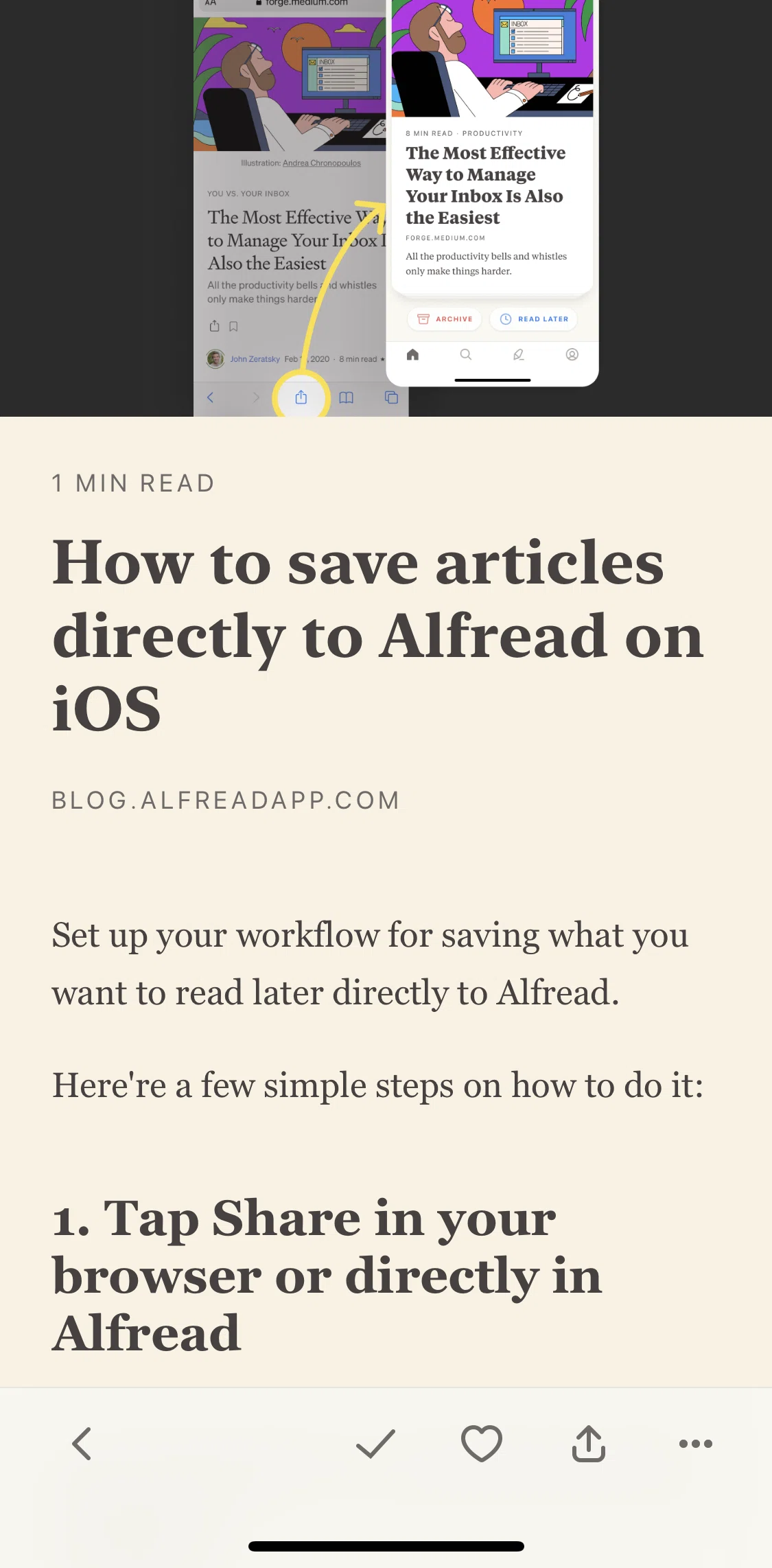 Alfread Screen screen in the Saving an article on a browser flow
