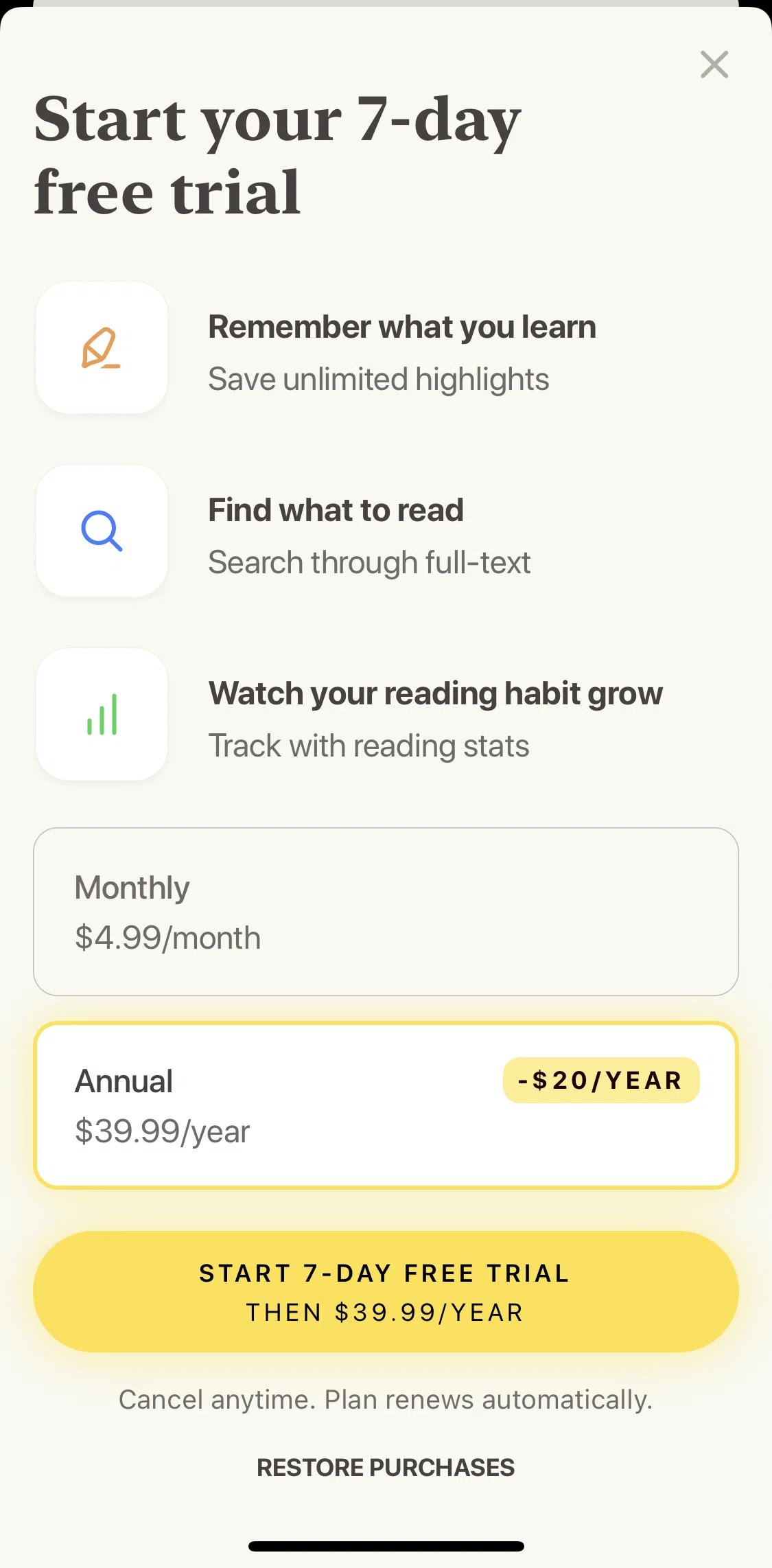 Alfread Screen screen in the Subscribing to premium flow