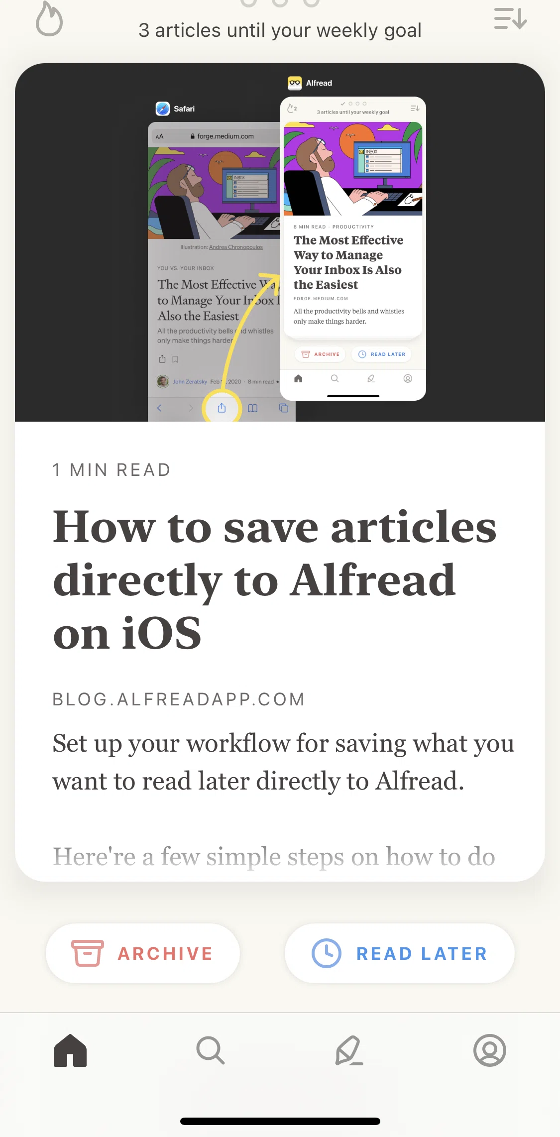 Alfread Screen screen in the Tutorial article flow