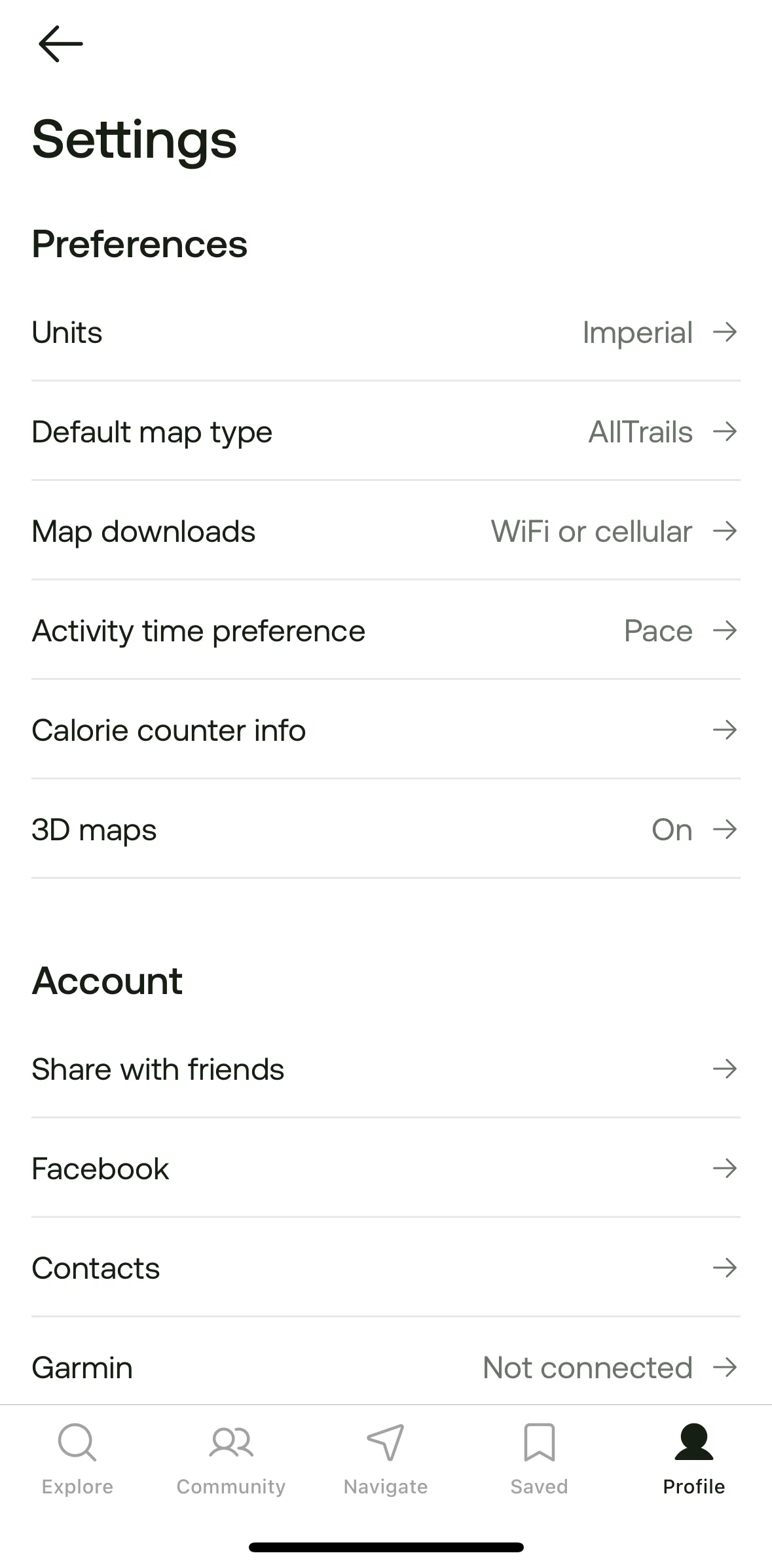 Alltrails Screen screen in the Changing unit system flow