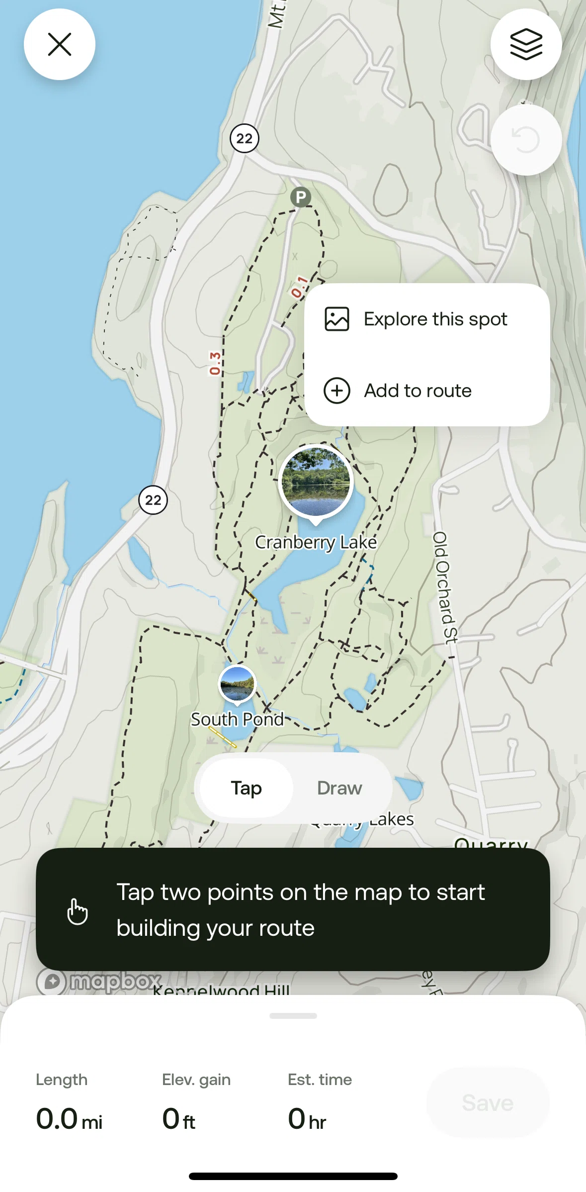 Alltrails Screen screen in the Creating a custom route flow