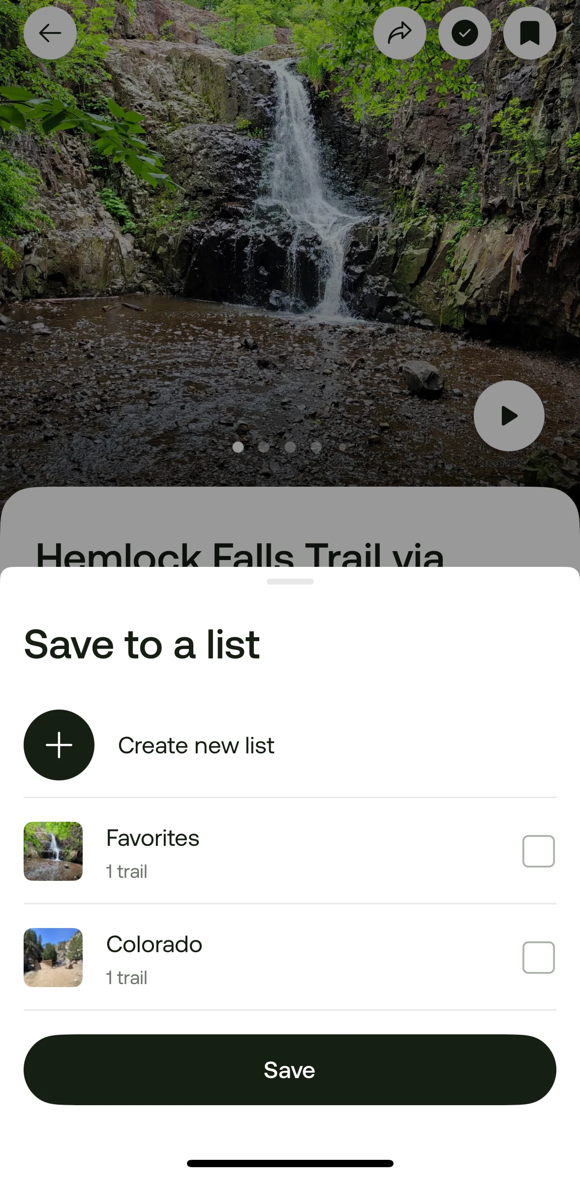 Alltrails Screen screen in the Creating a new list flow