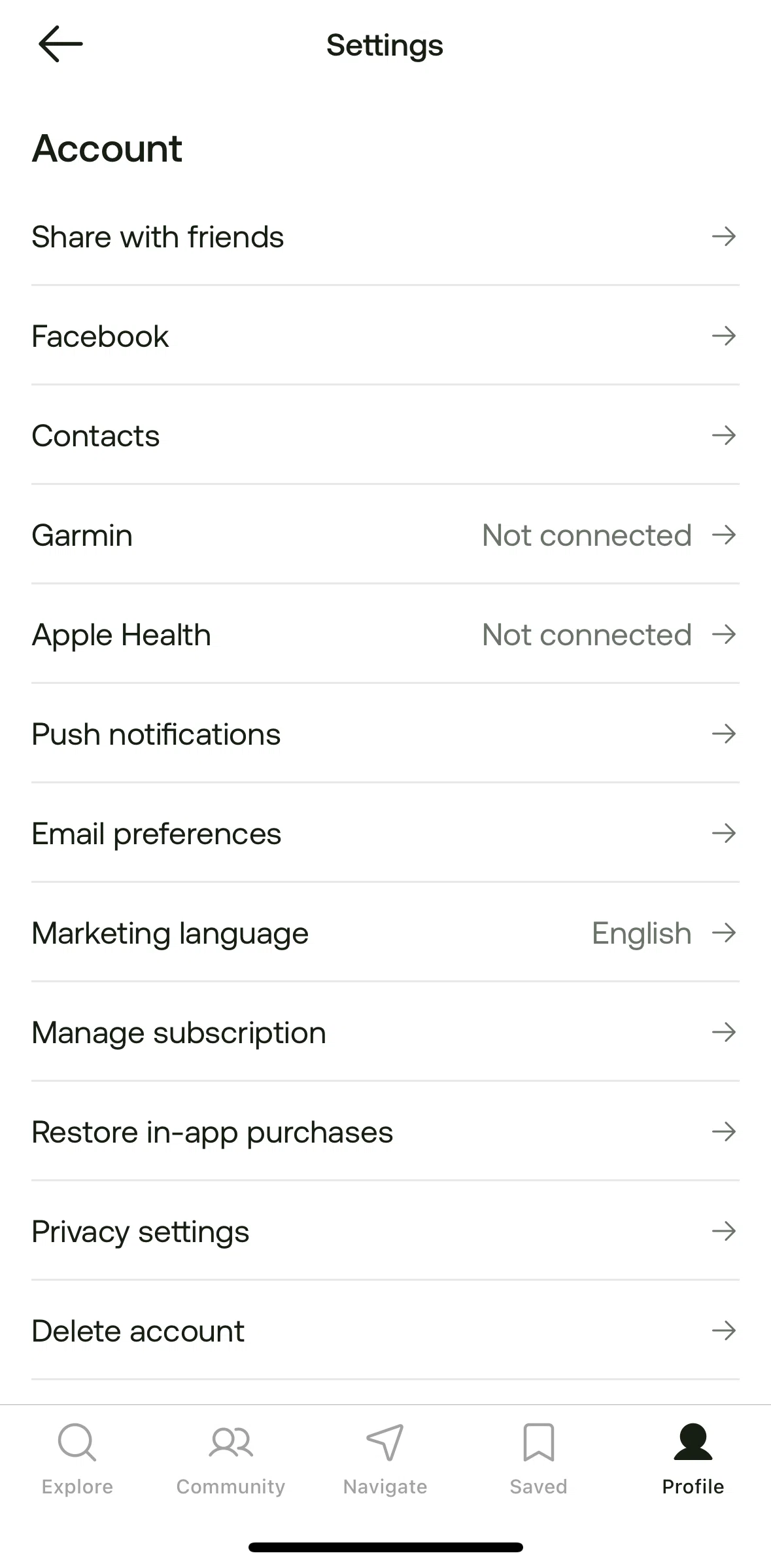 Alltrails Screen screen in the Delete account flow