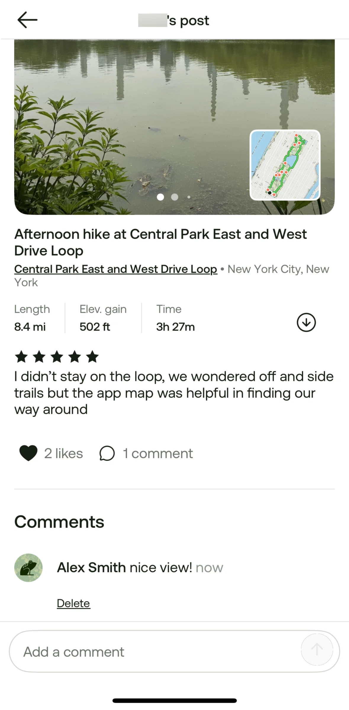 Alltrails Screen screen in the Deleting a comment flow