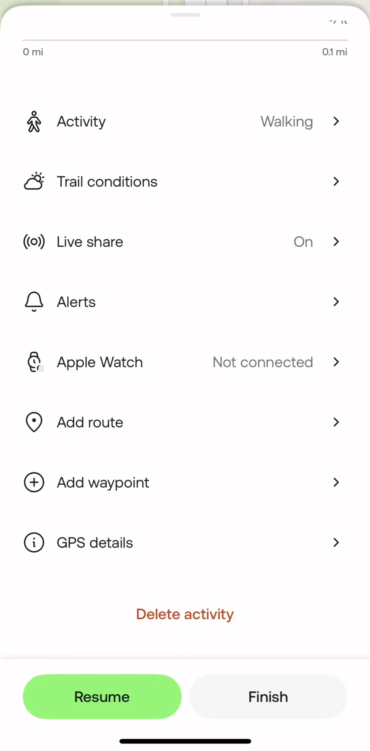 Alltrails Screen screen in the Deleting an ongoing activity flow