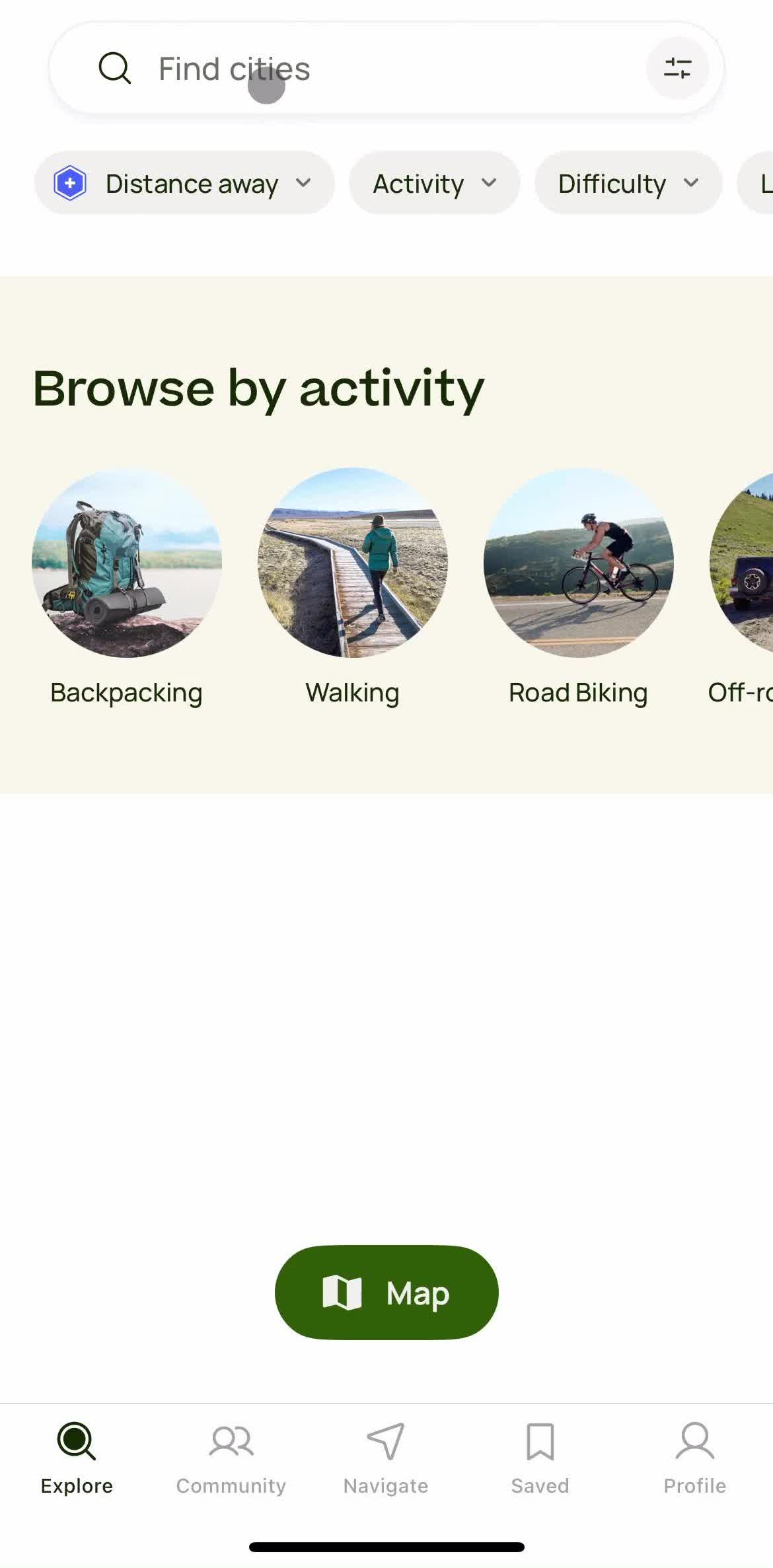 Alltrails Home screen in the General Browsing flow