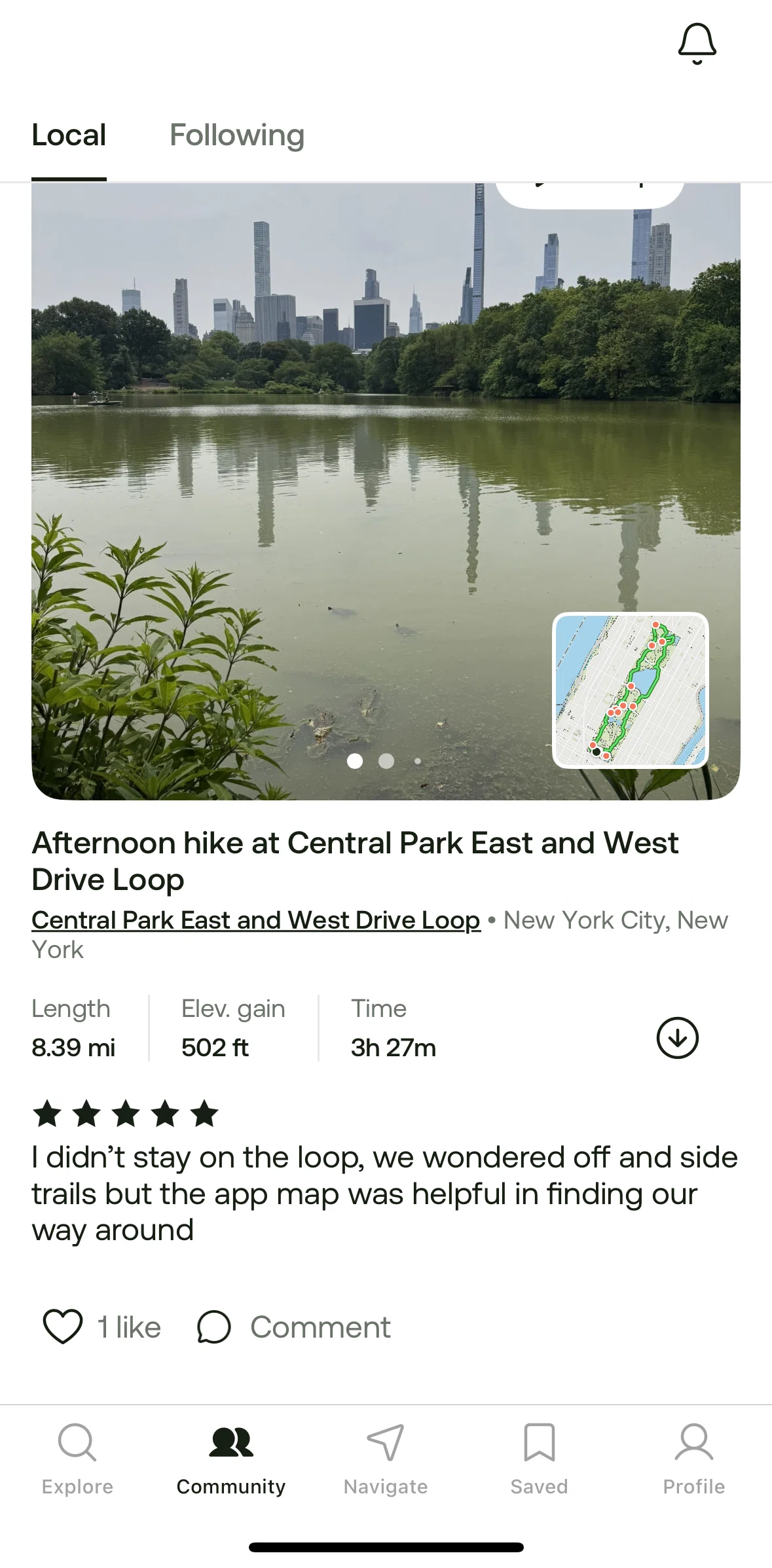 Alltrails Screen screen in the Liking a post flow