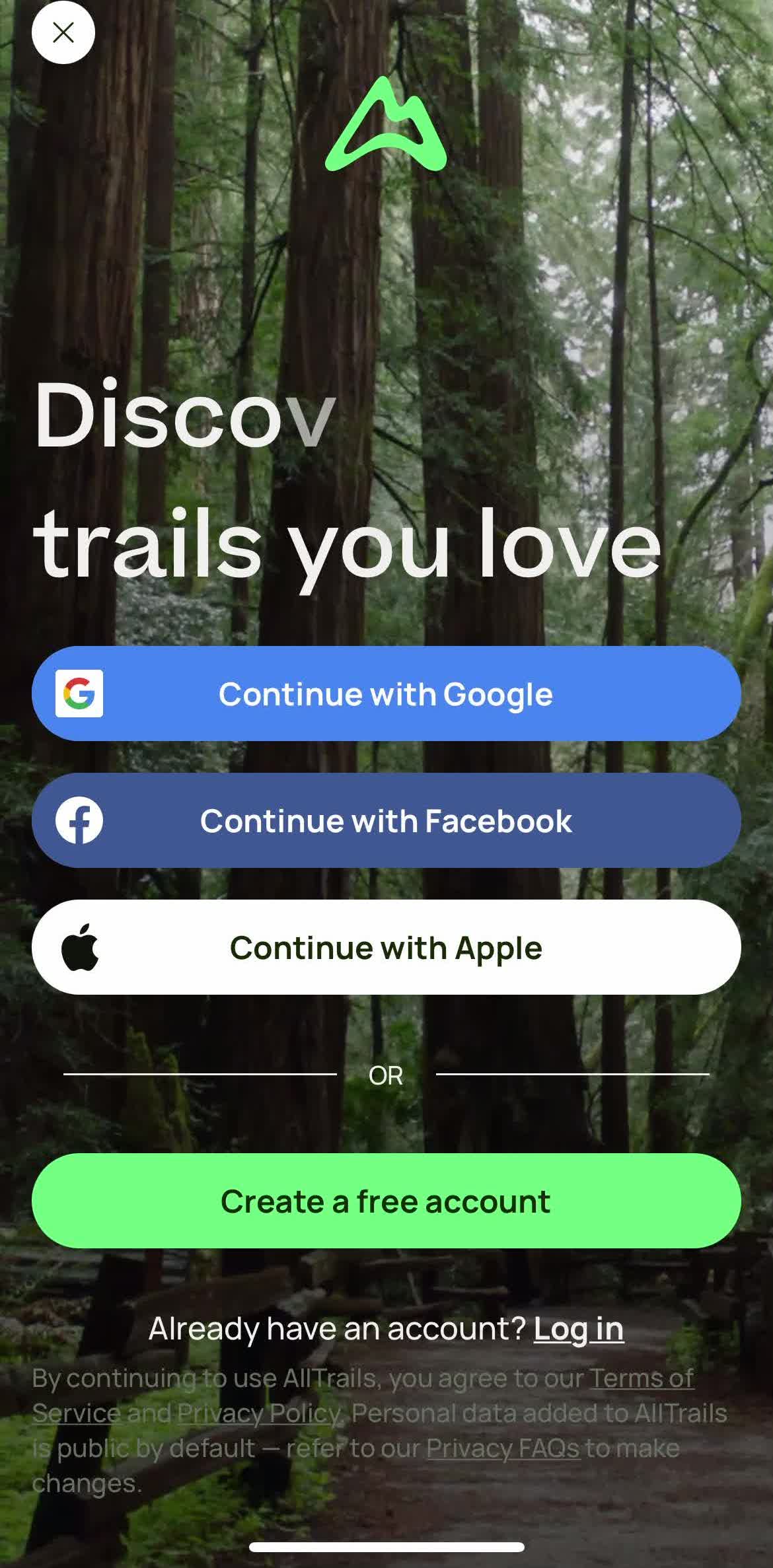 Alltrails Start screen screen in the Onboarding flow