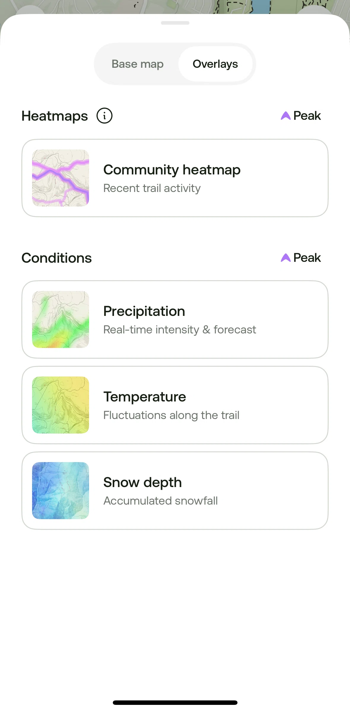Alltrails Screen screen in the Showing a precipitation overlay (Peak) flow