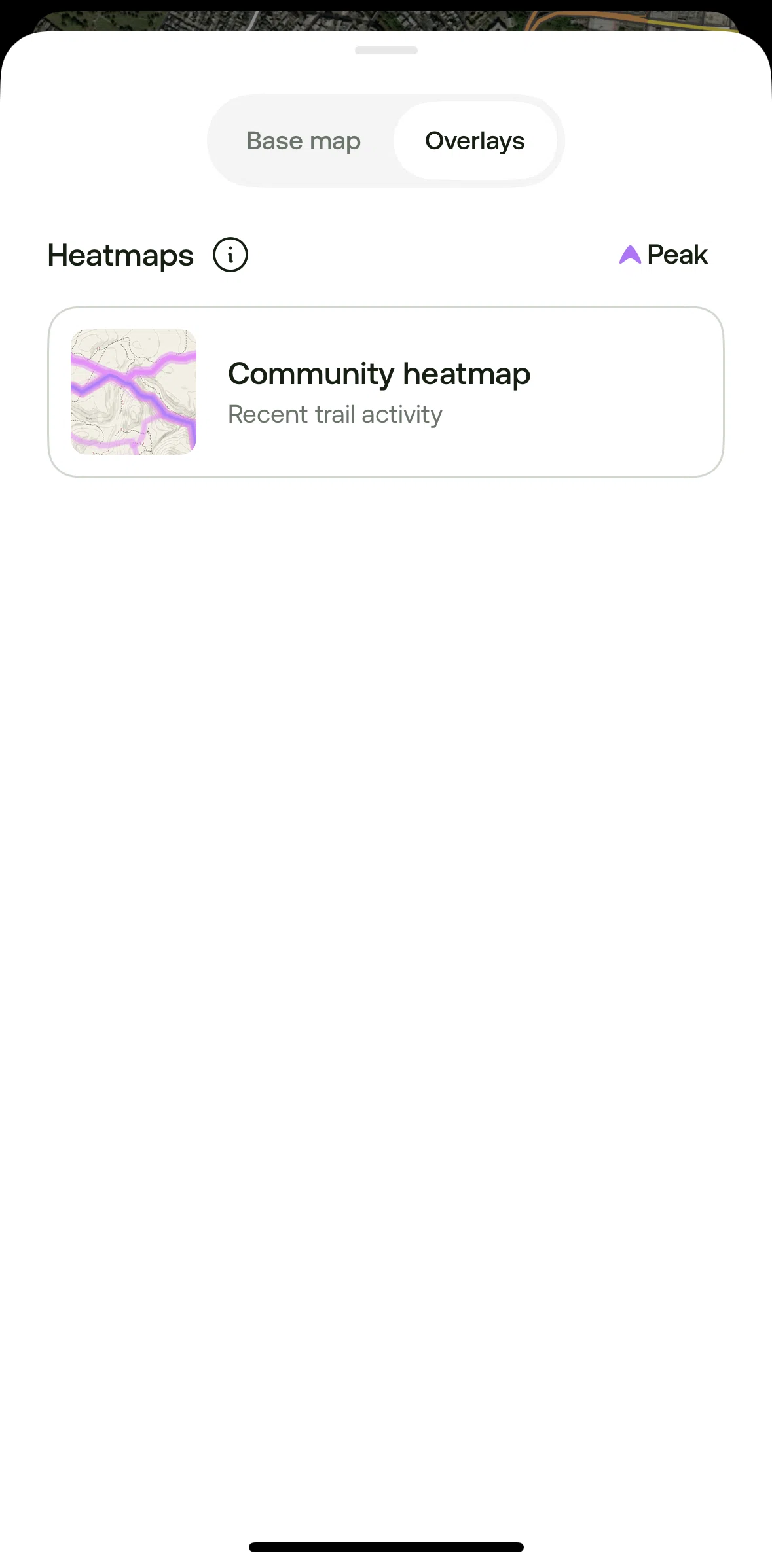 Alltrails Screen screen in the Showing community heatmap (Peak) flow