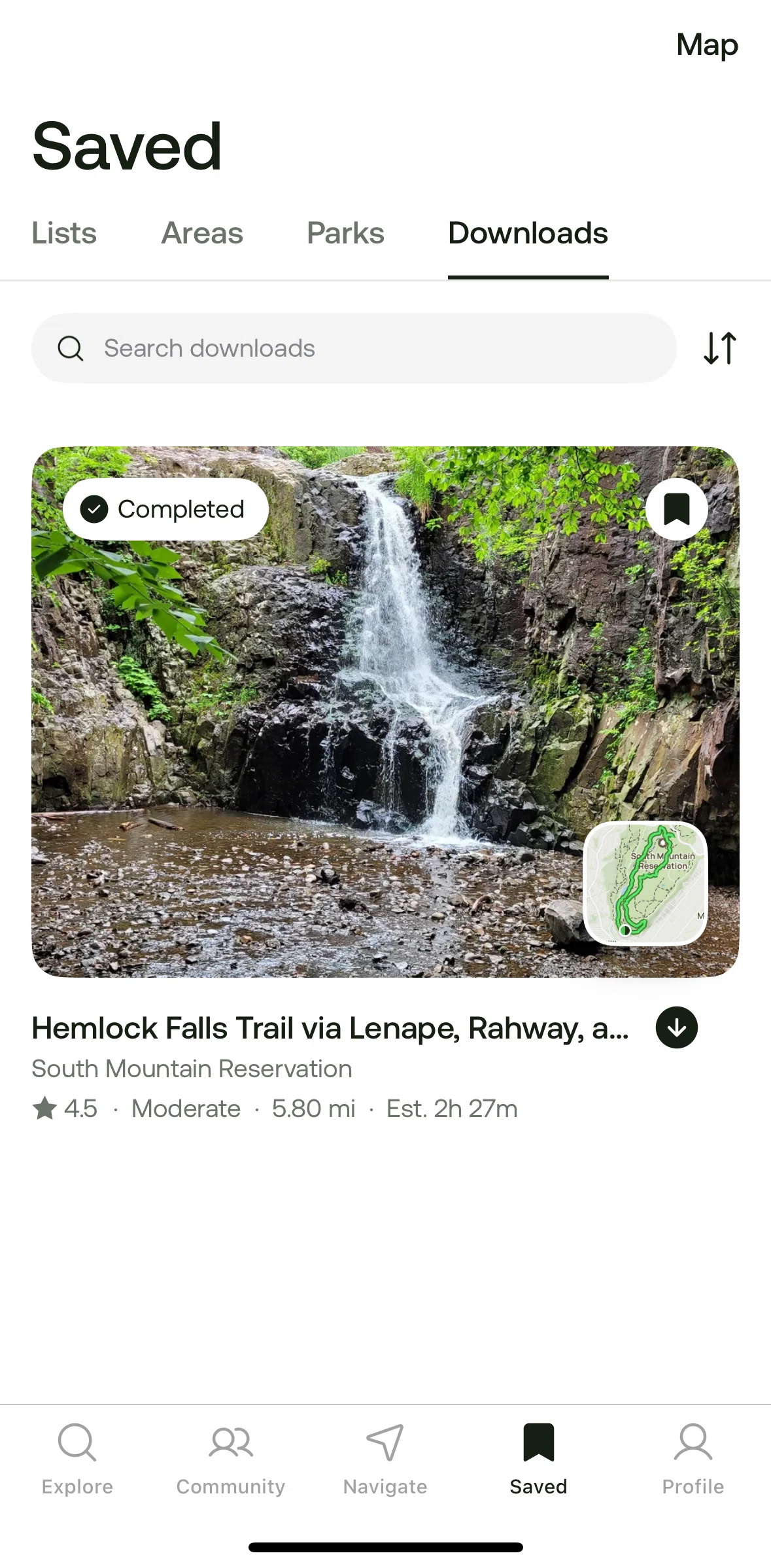 Alltrails Screen screen in the Switching to map view (downloads) flow