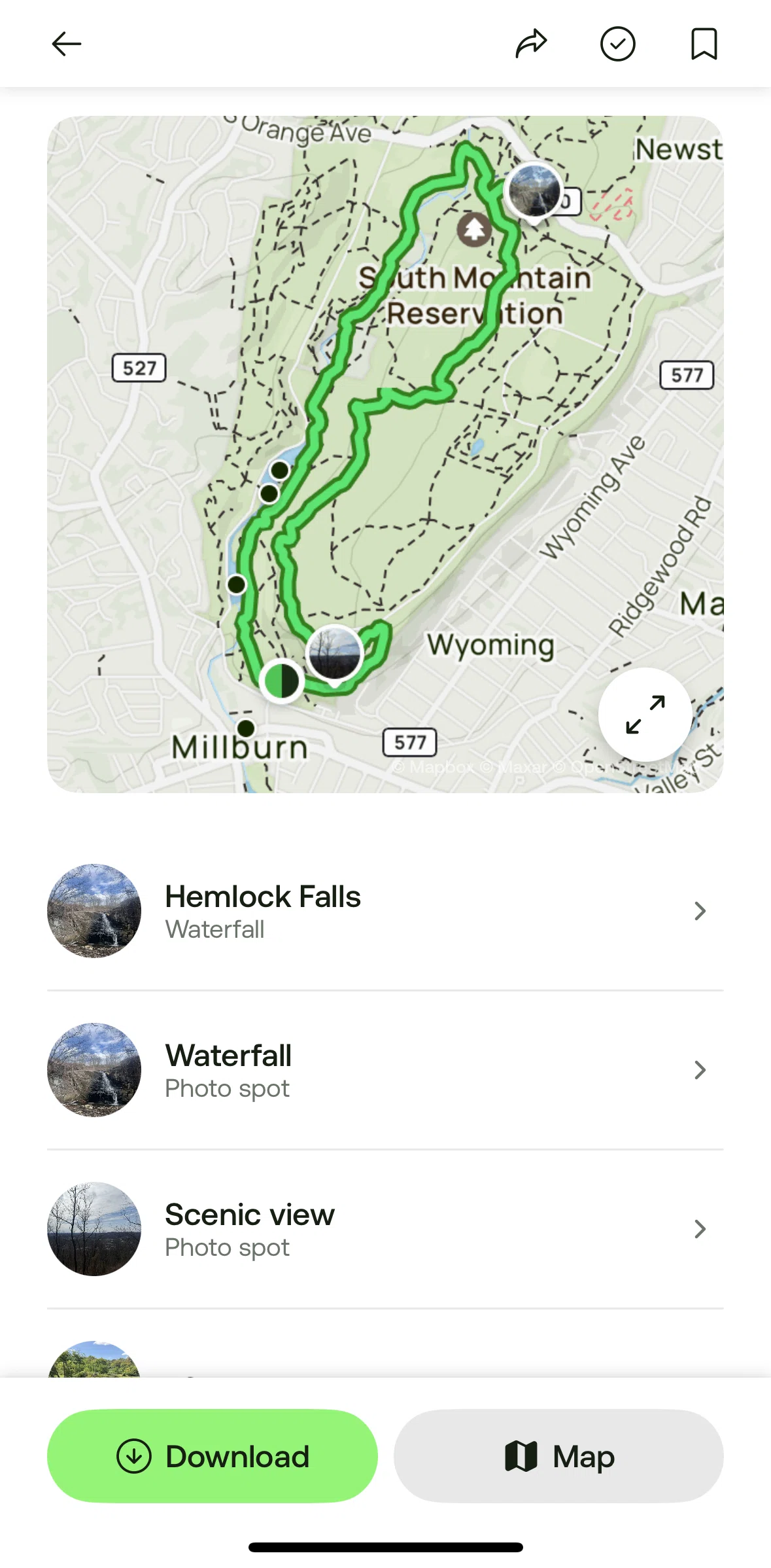 Alltrails Screen screen in the Switching to map view (trail detail) flow