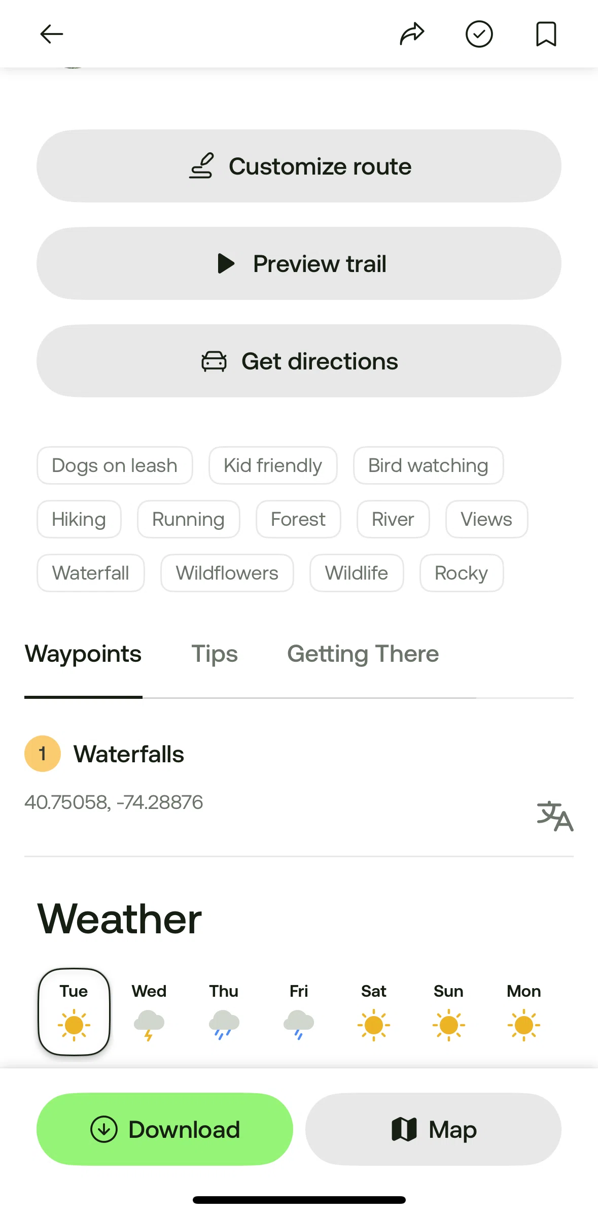 Alltrails Screen screen in the Watching a trail preview flow