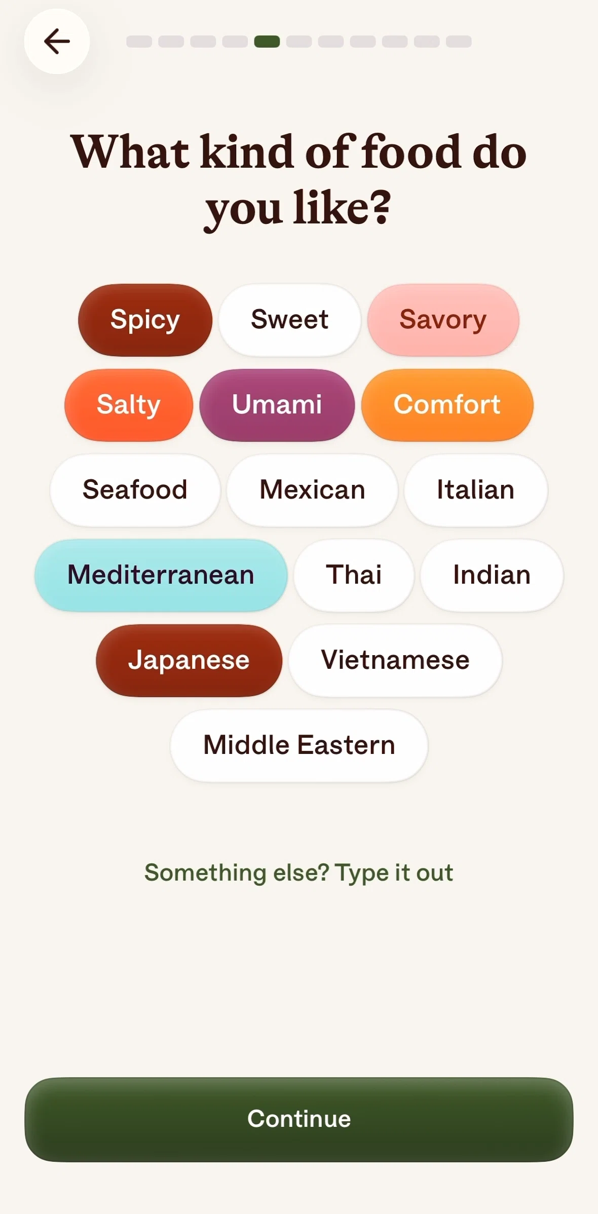 Alma Screen screen in the Adding a food preference flow