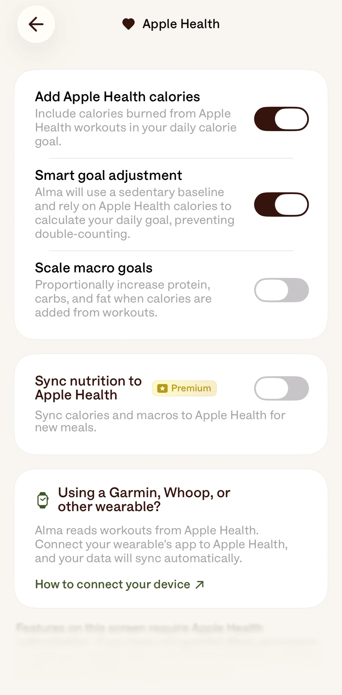Alma Screen screen in the Connecting to Apple Health flow