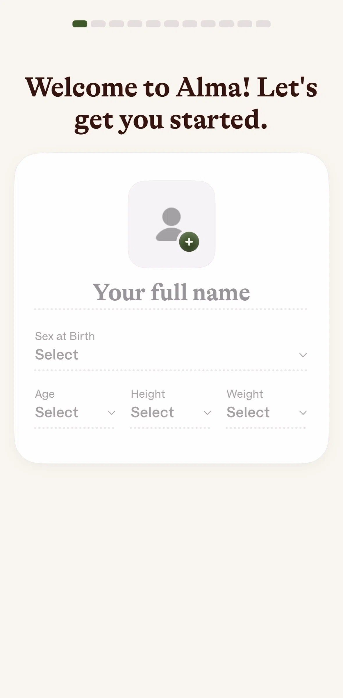 Alma Screen screen in the Creating profile flow