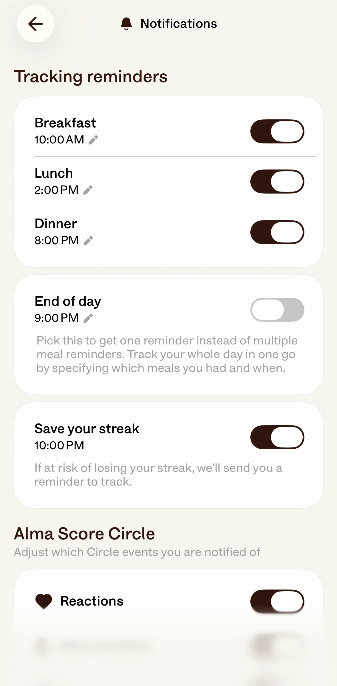 Alma Screen screen in the Updating notification settings flow