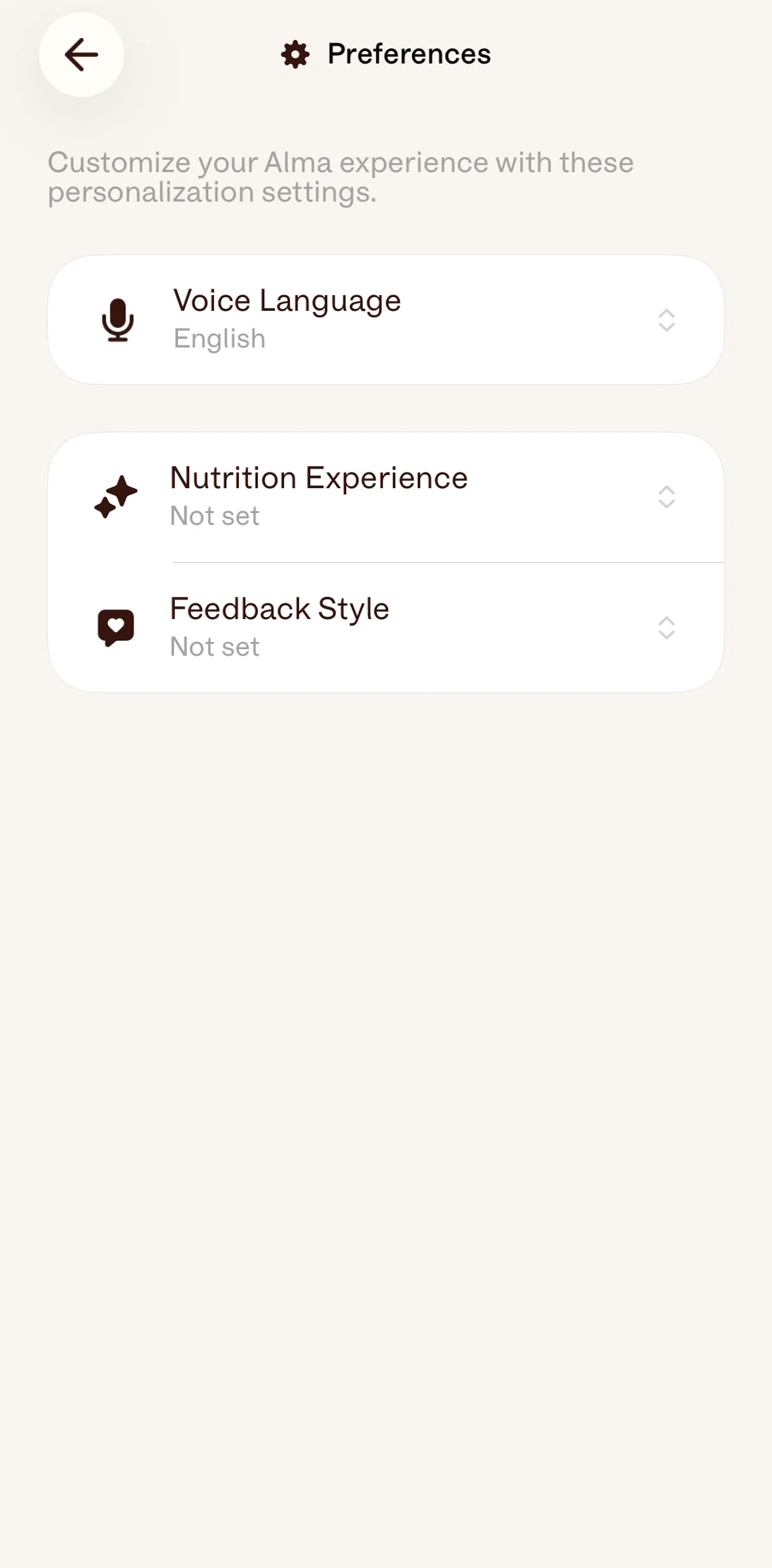 Alma Screen screen in the Updating preferences flow