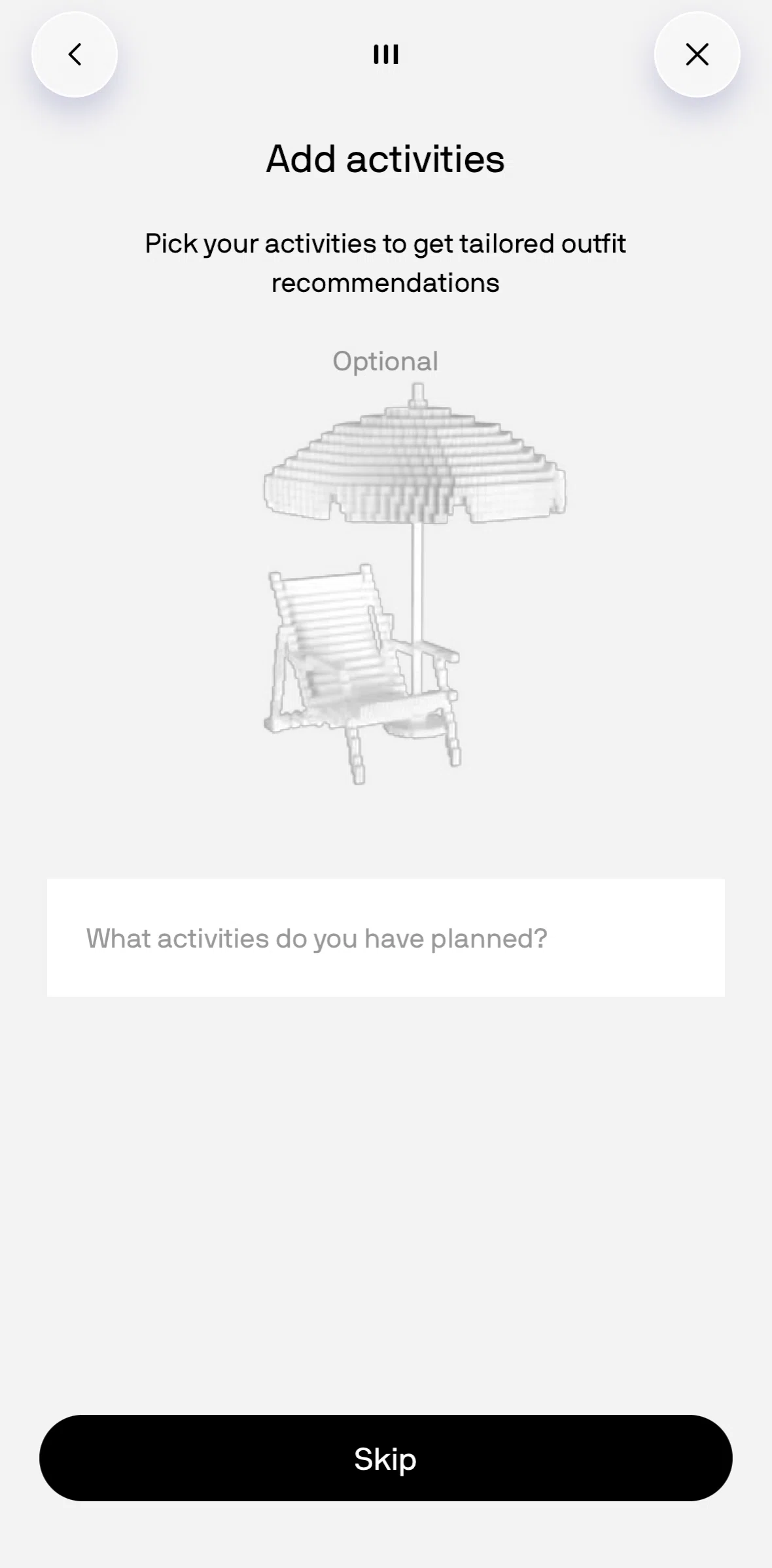 Alta Screen screen in the Adding activities flow