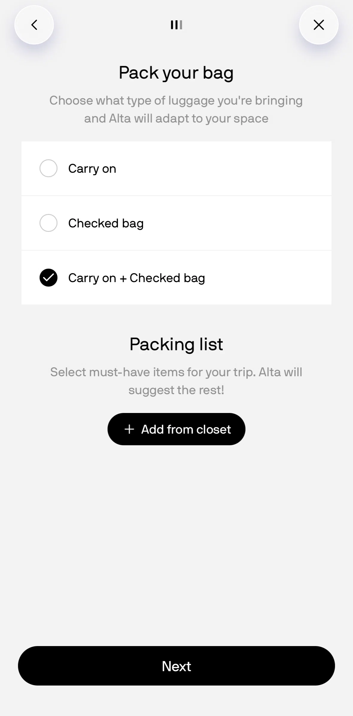 Alta Screen screen in the Adding items to packing list flow
