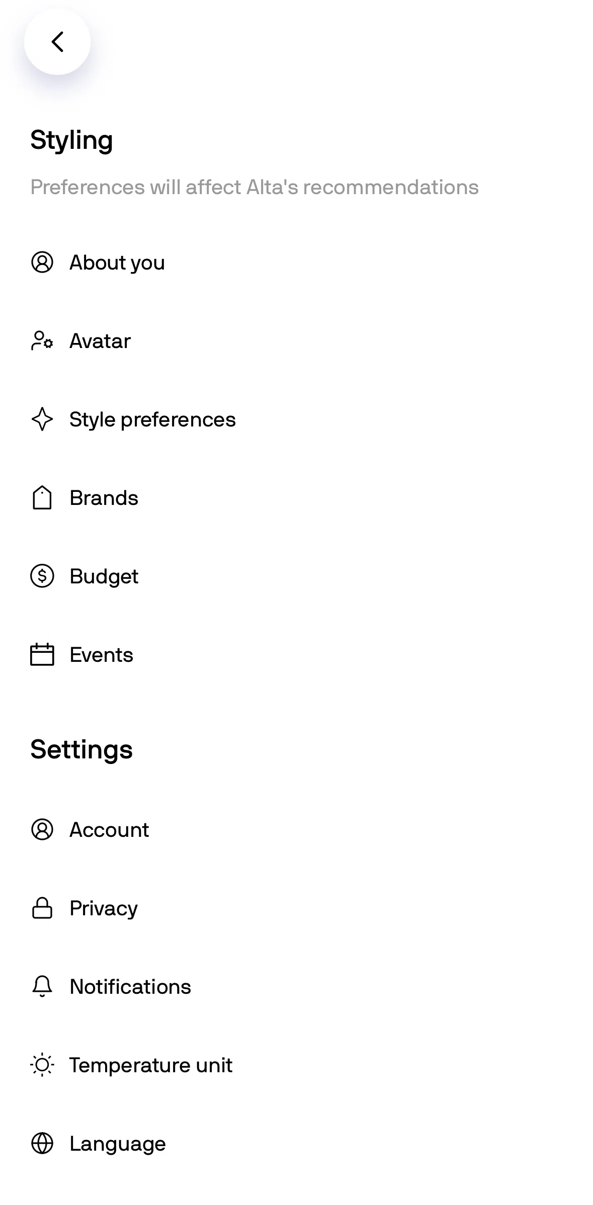 Alta Screen screen in the Adding style preferences flow