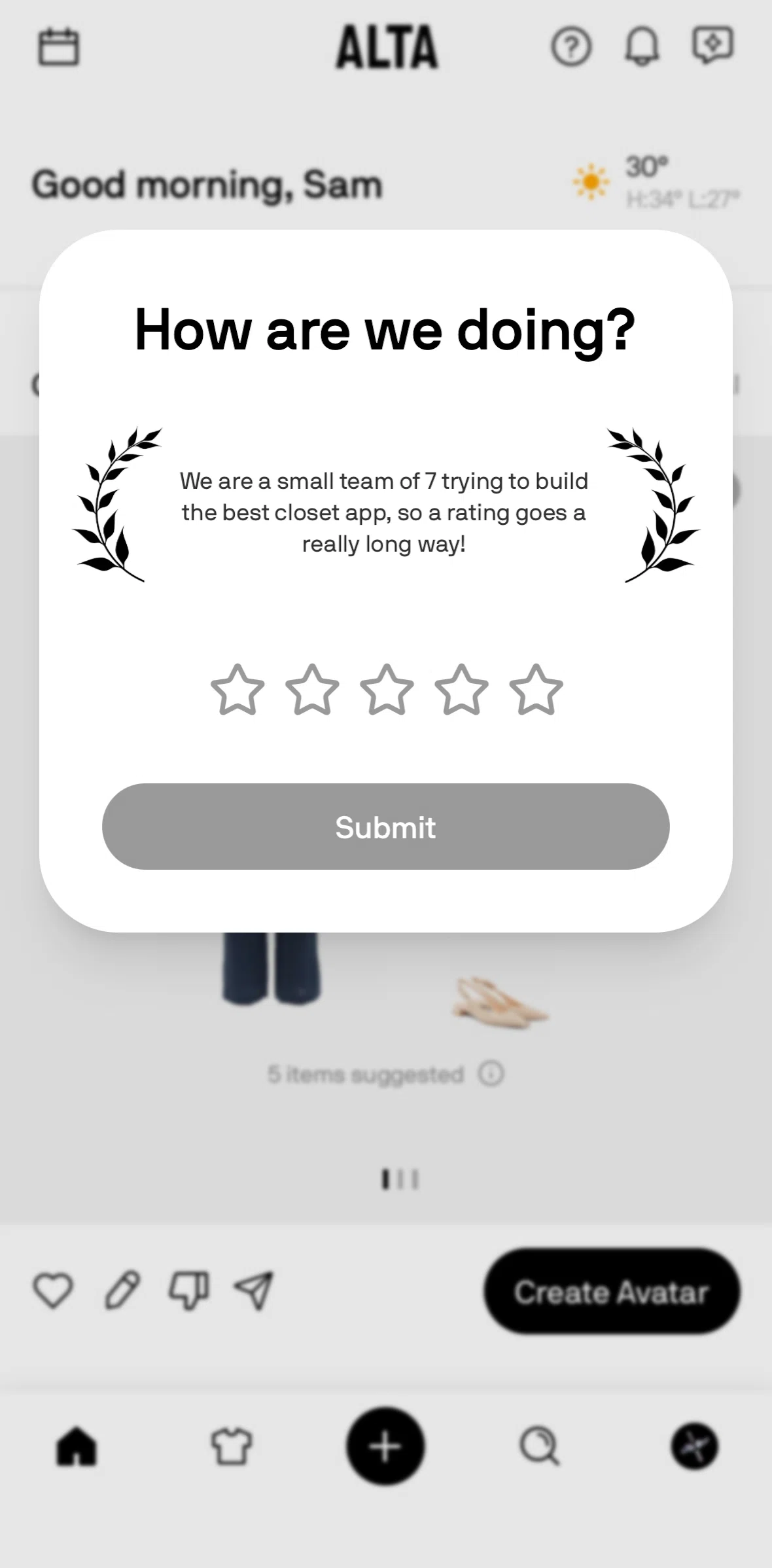 Alta Screen screen in the Giving app feedback flow