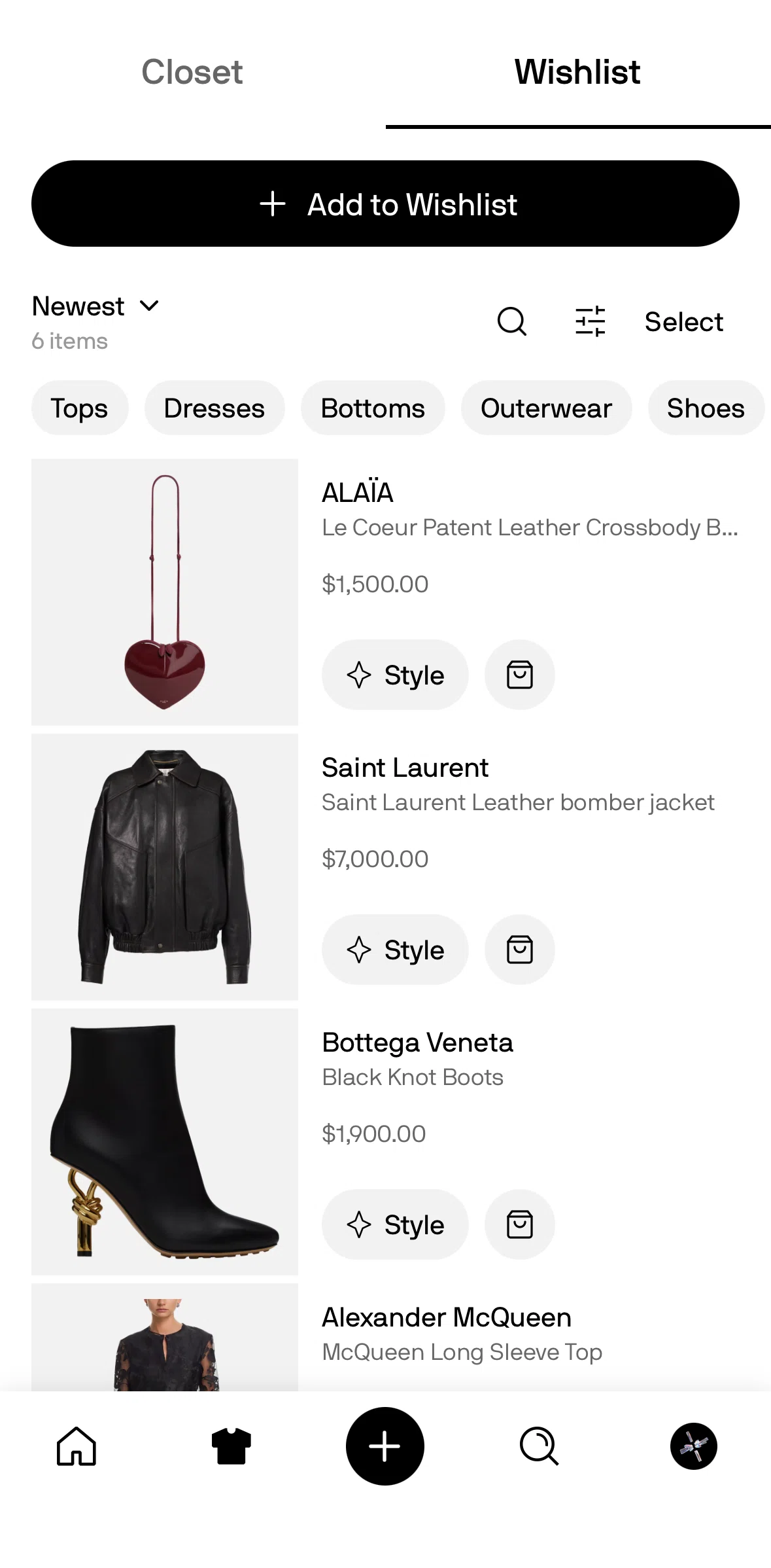 Alta Screen screen in the Saving an item to wishlist (closet) flow