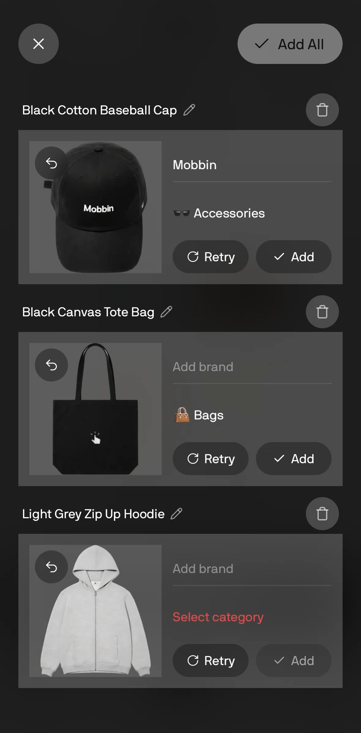 Alta Screen screen in the Selecting a category flow