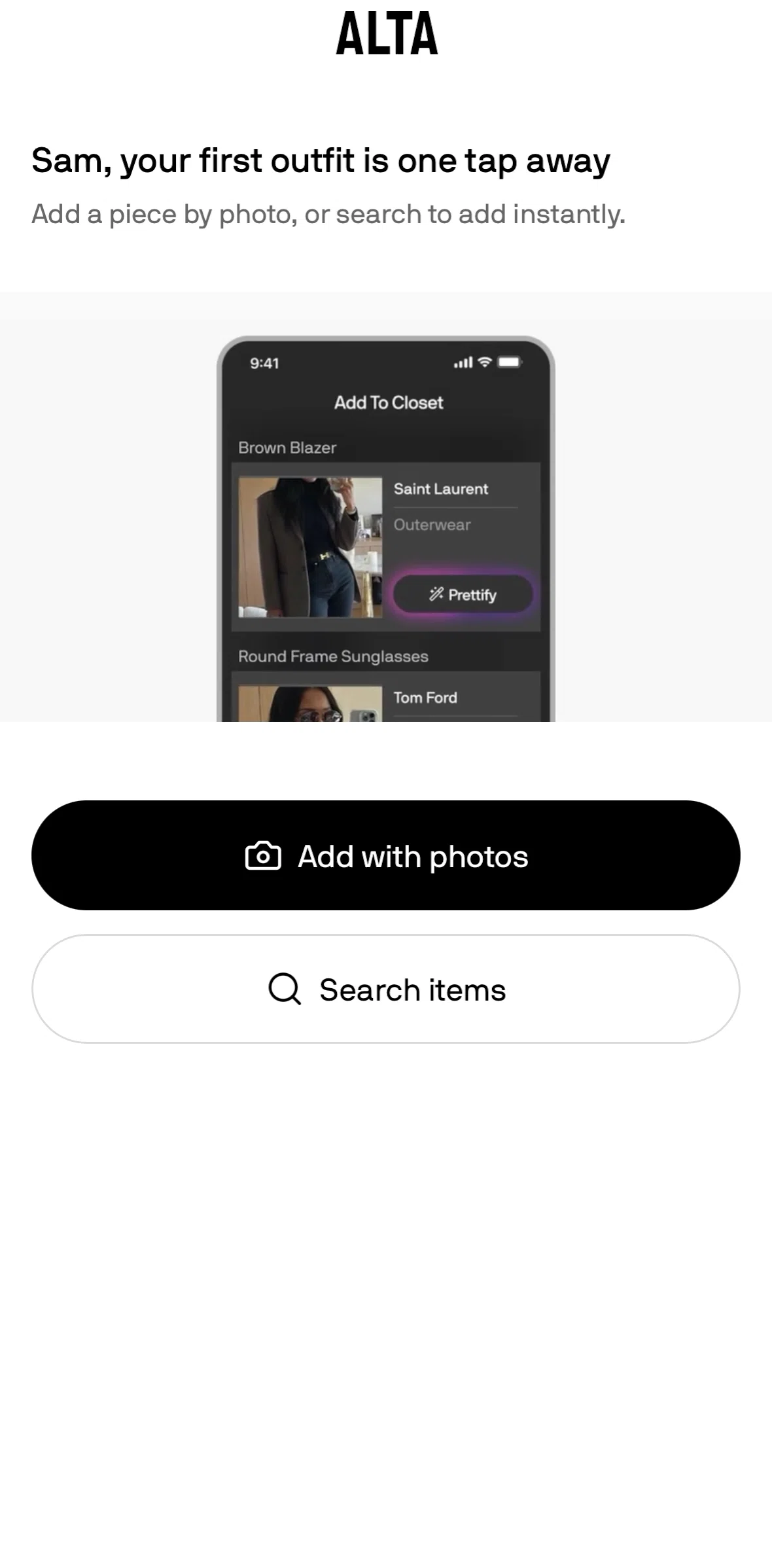 Alta Screen screen in the Uploading items flow