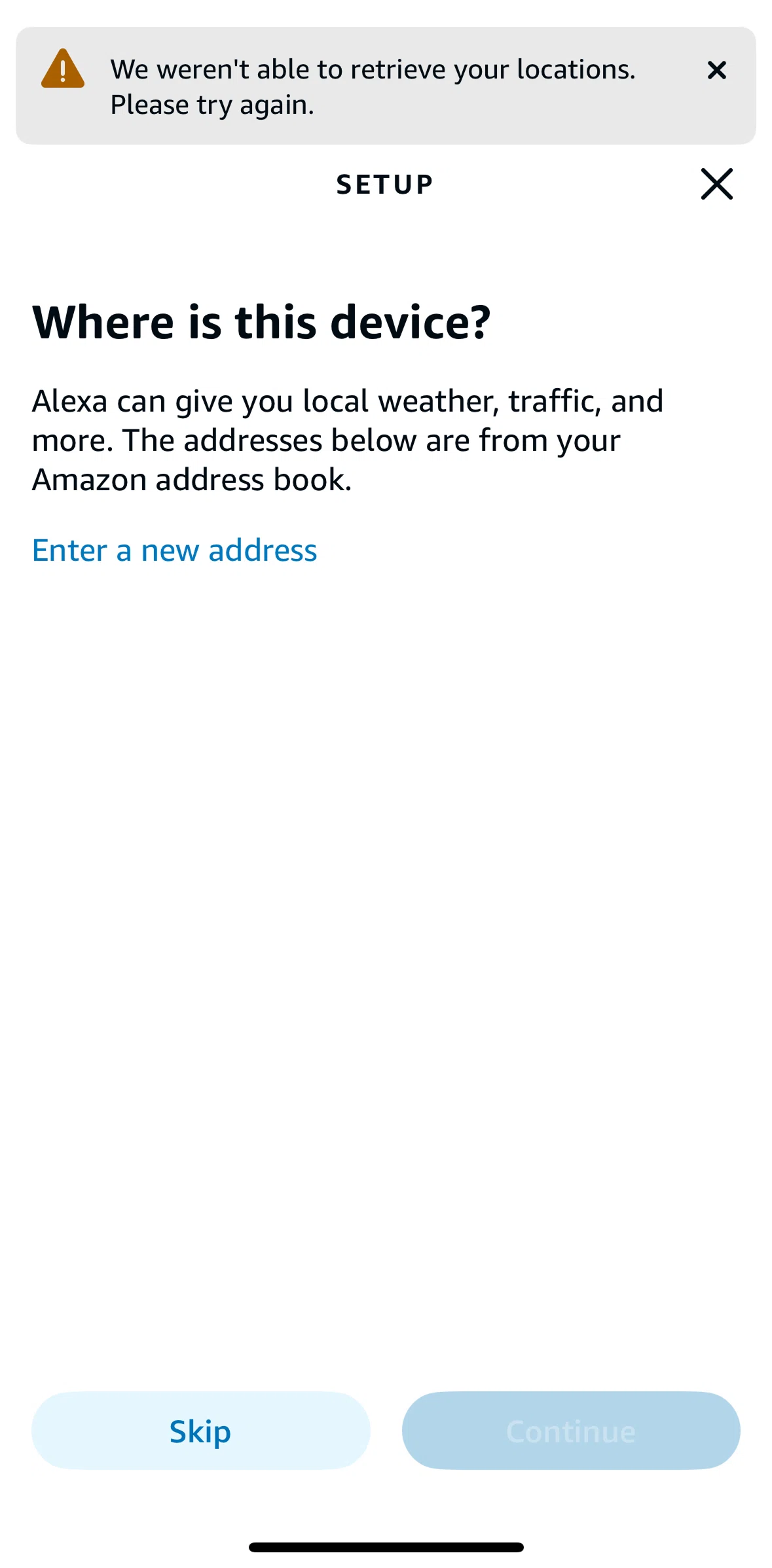 Amazon Alexa Screen screen in the Adding an address flow