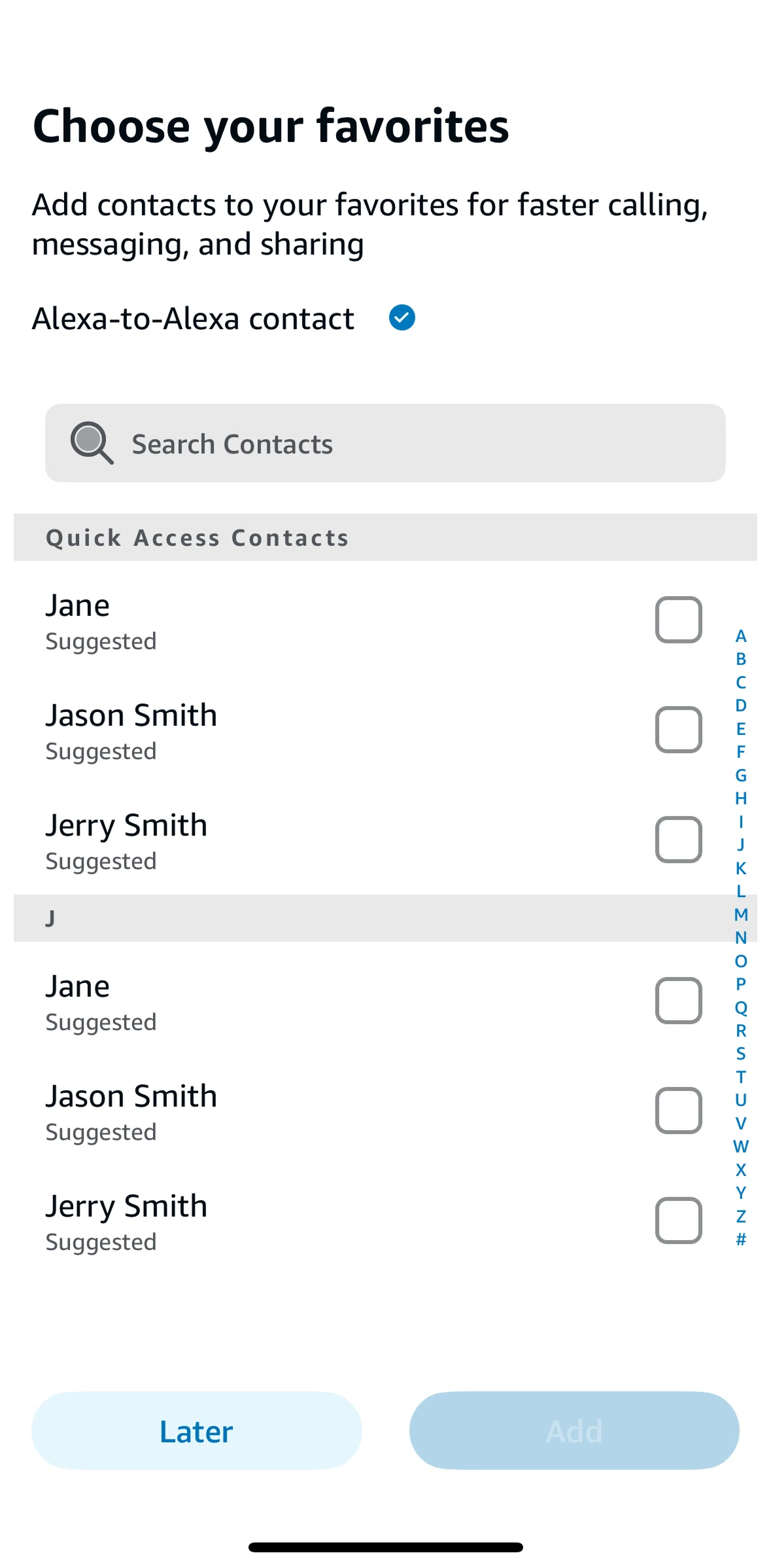 Amazon Alexa Screen screen in the Adding contacts flow