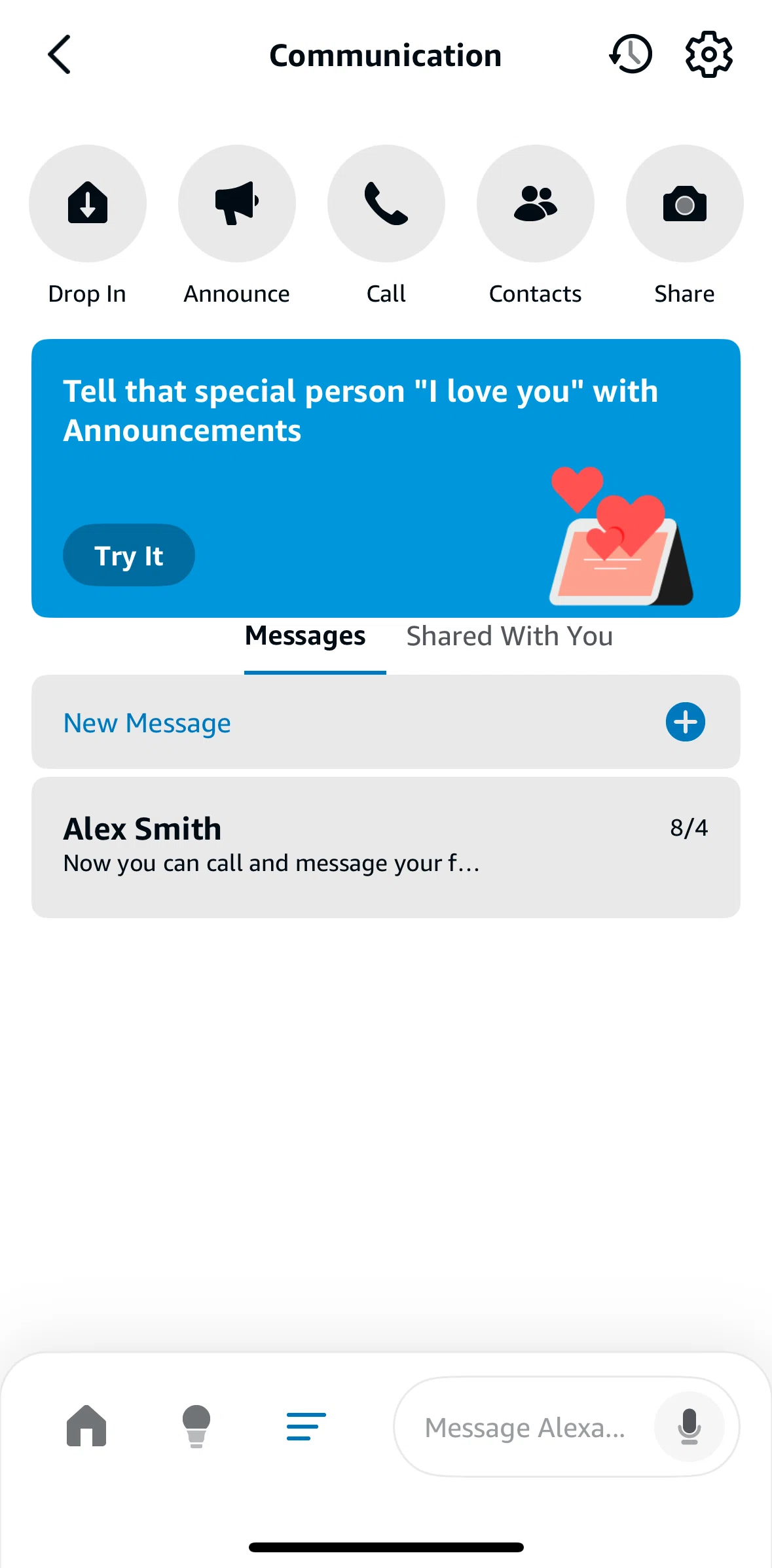 Amazon Alexa Screen screen in the Calling and drop in history flow