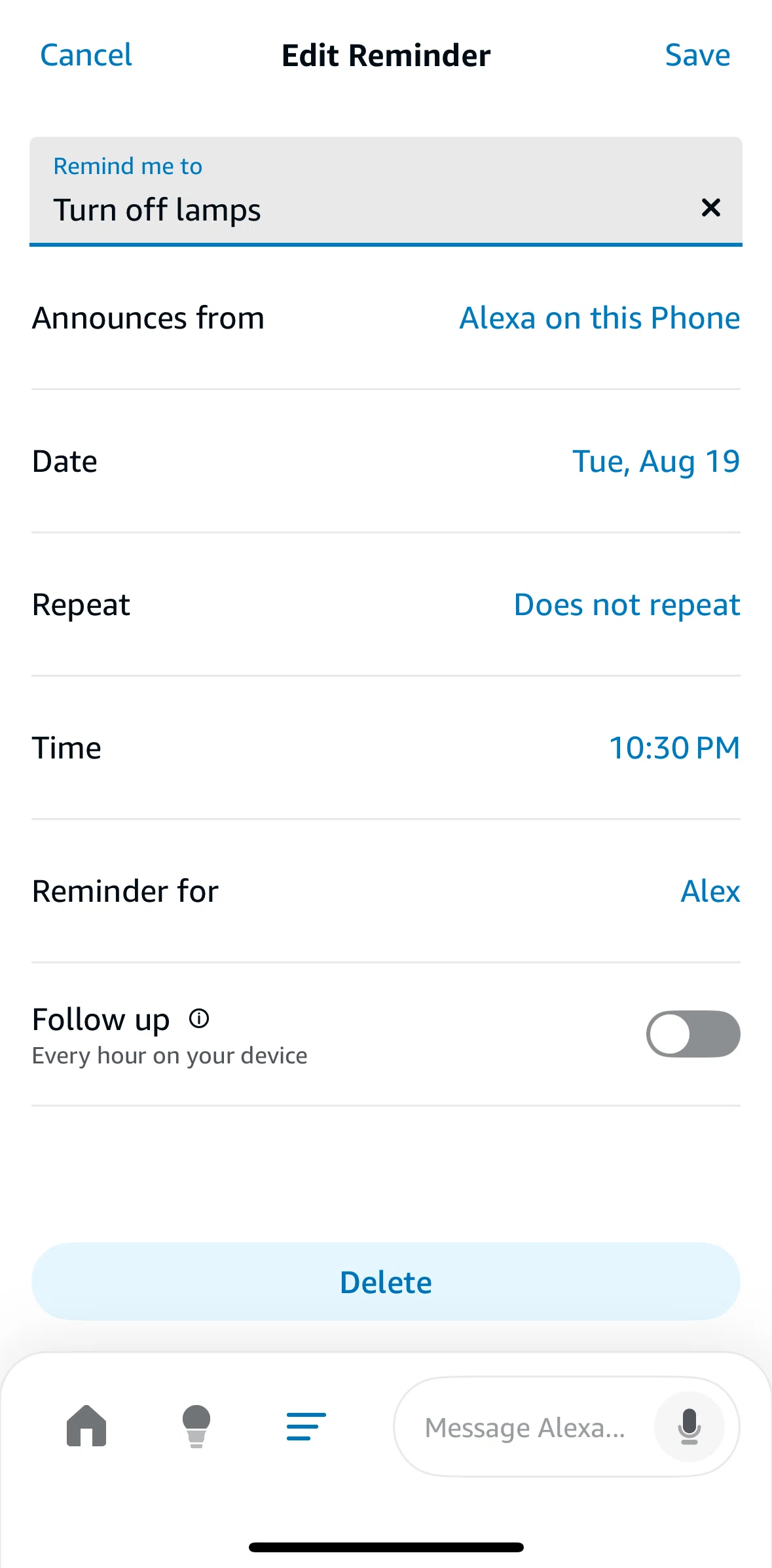 Amazon Alexa Screen screen in the Deleting a reminder flow