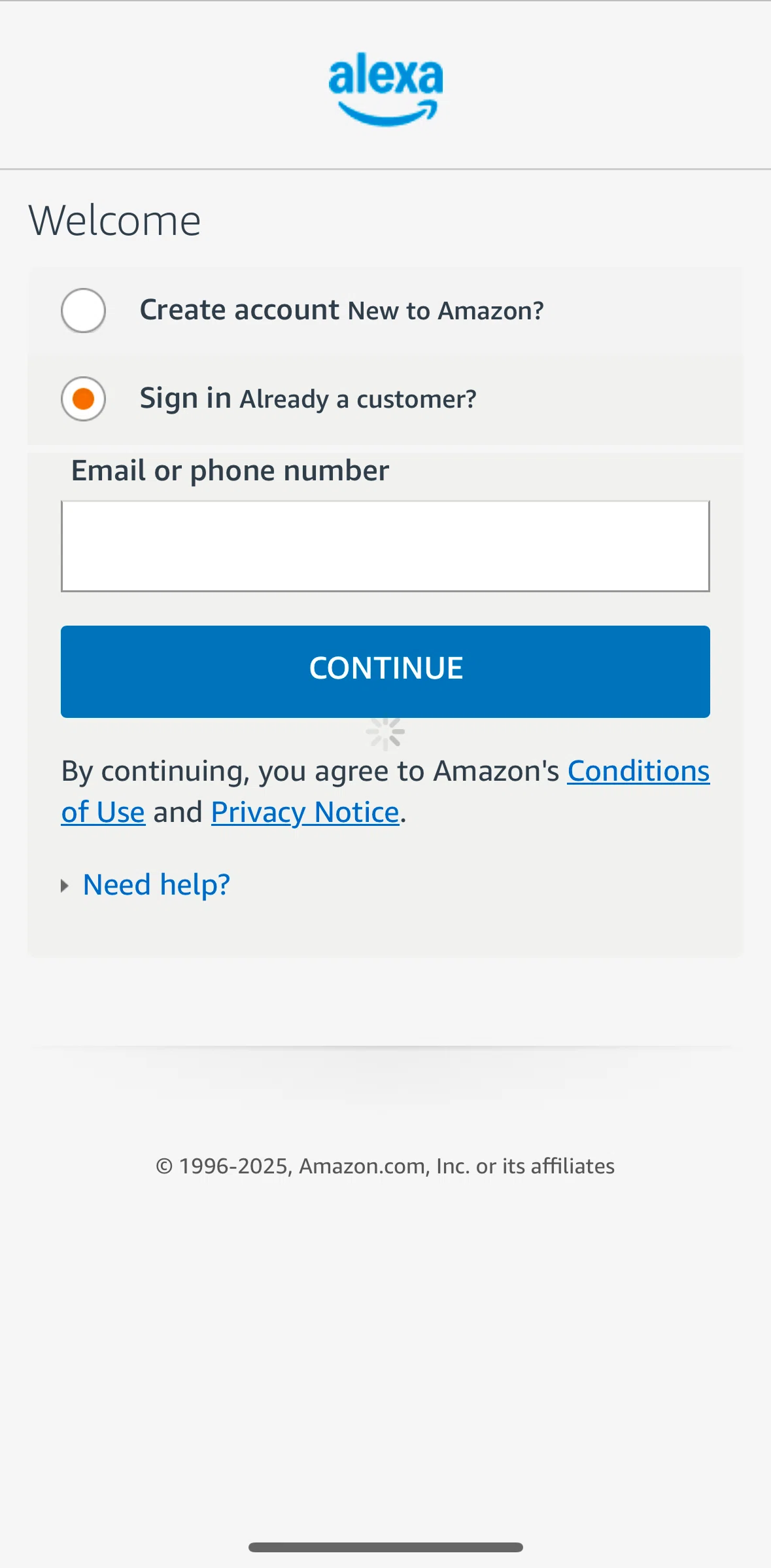 Amazon Alexa Screen screen in the Logging in flow