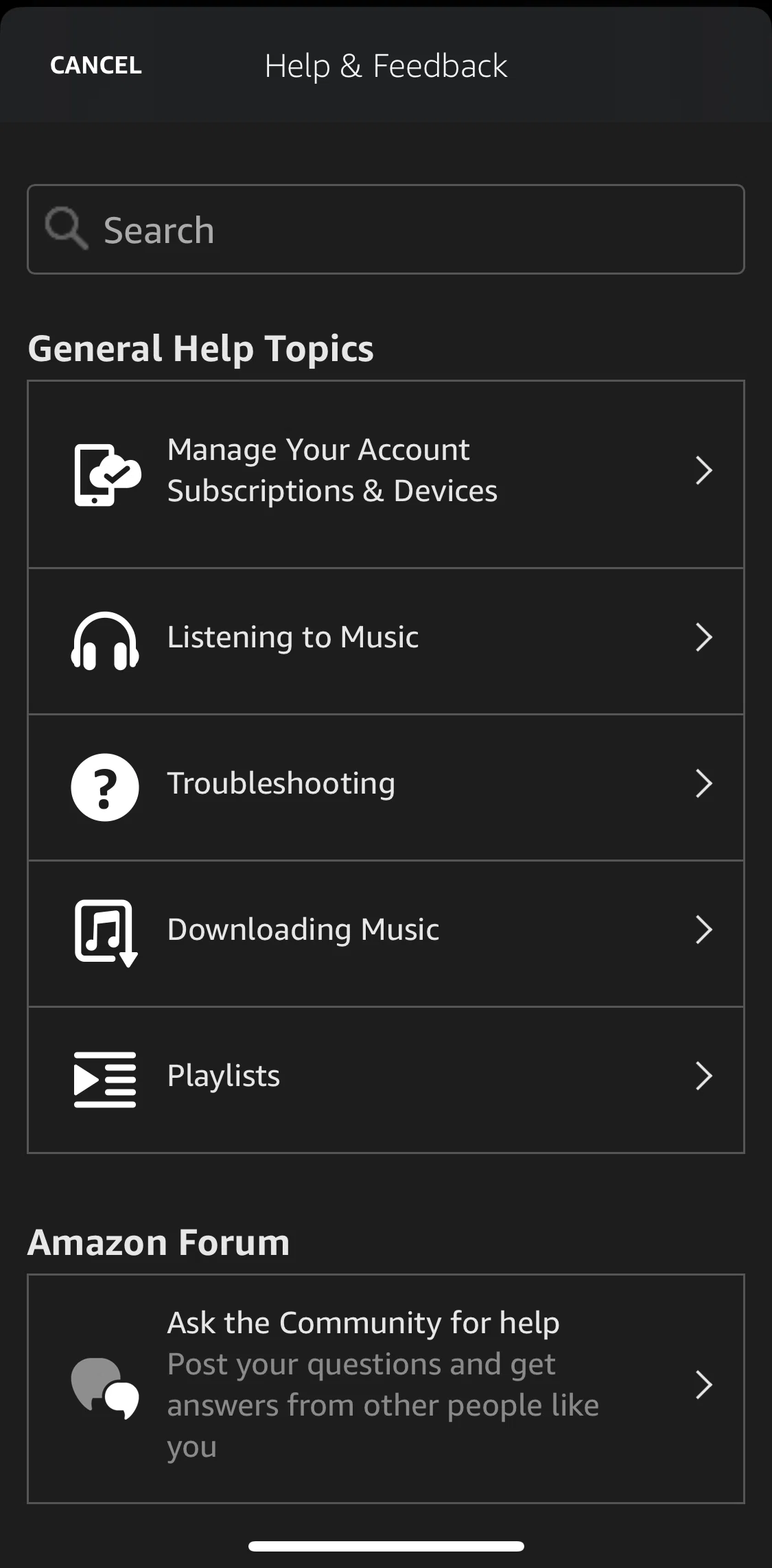 Amazon Music Screen screen in the Contacting support flow