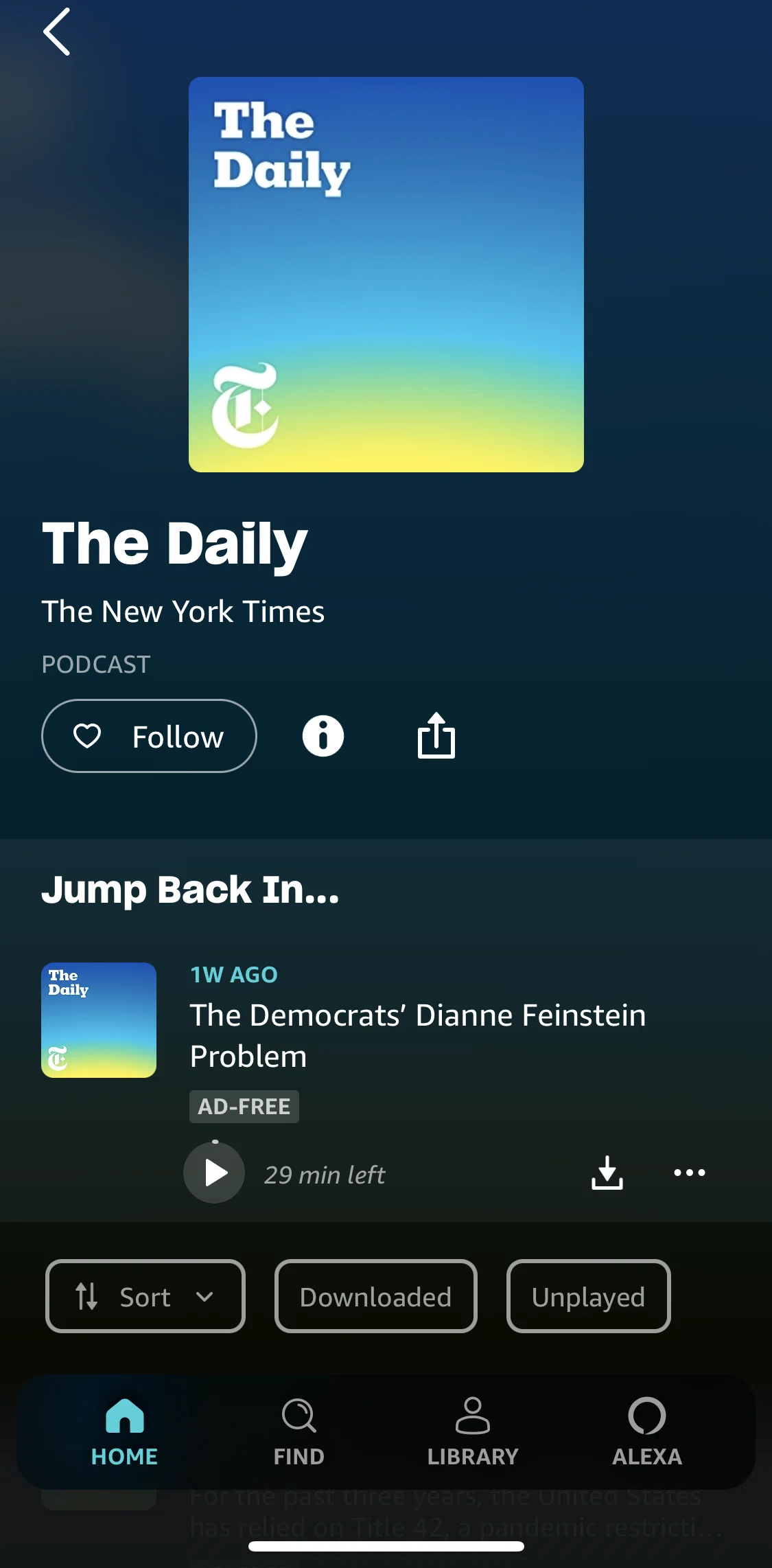 Amazon Music Screen screen in the Downloading a podcast flow