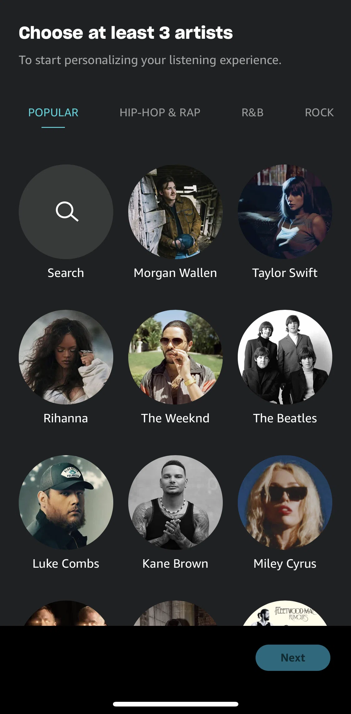 Amazon Music Screen screen in the Personalizing listening experience flow