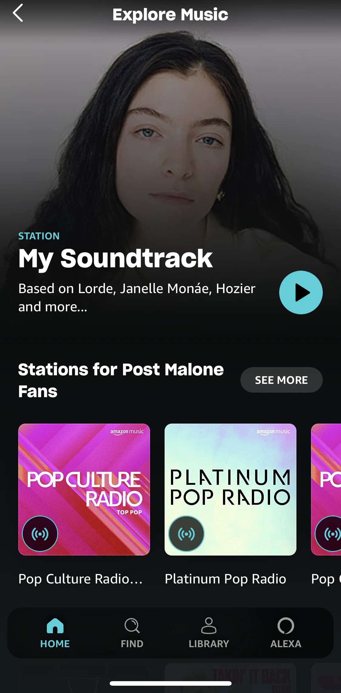 Amazon Music Screen screen in the Playing songs from My Soundtrack flow