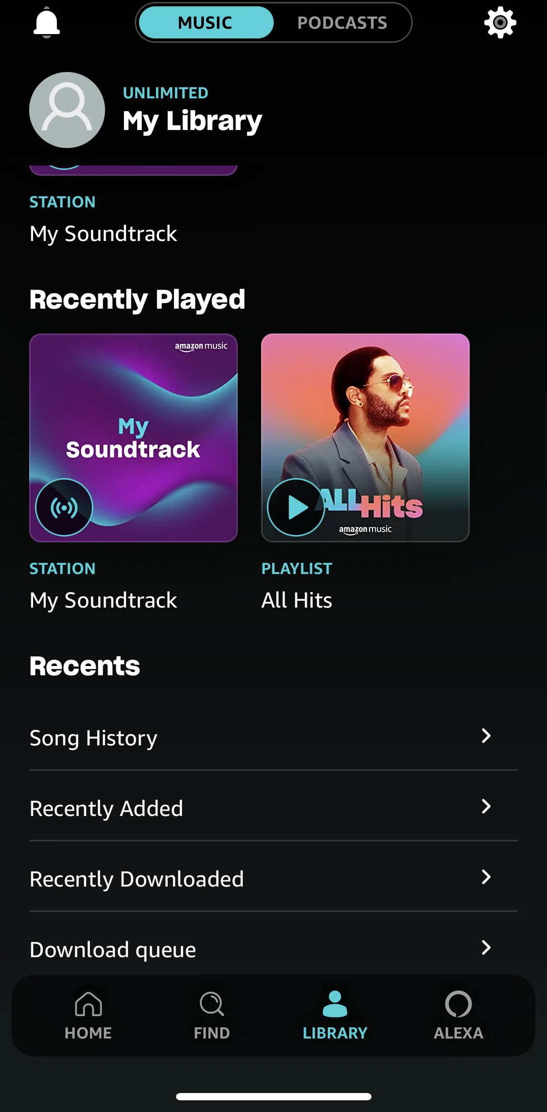 Amazon Music Screen screen in the Song history flow