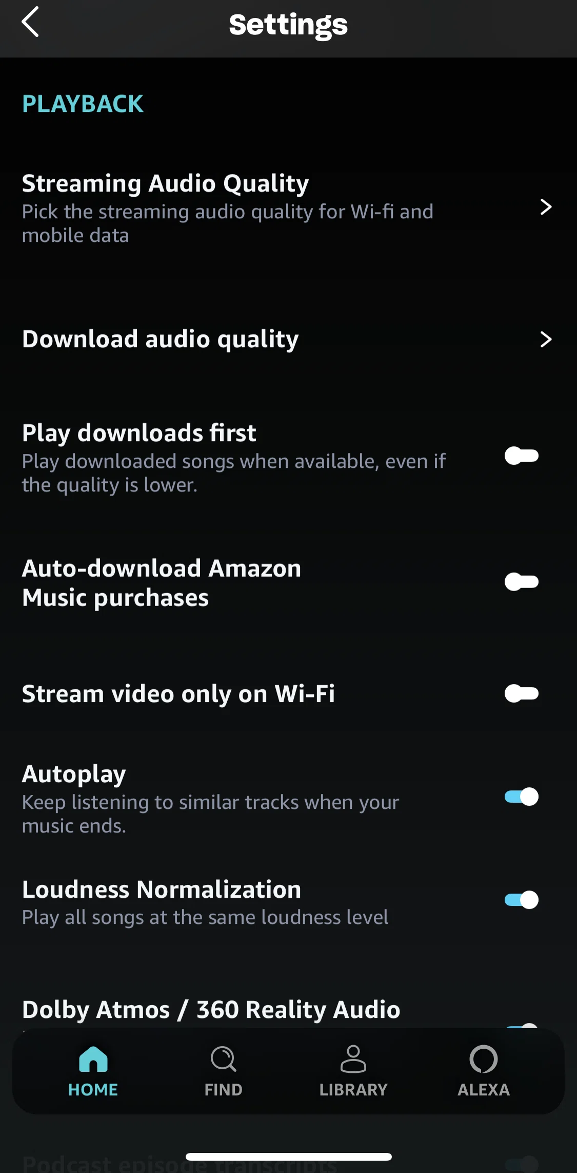 Amazon Music Screen screen in the Streaming quality settings flow