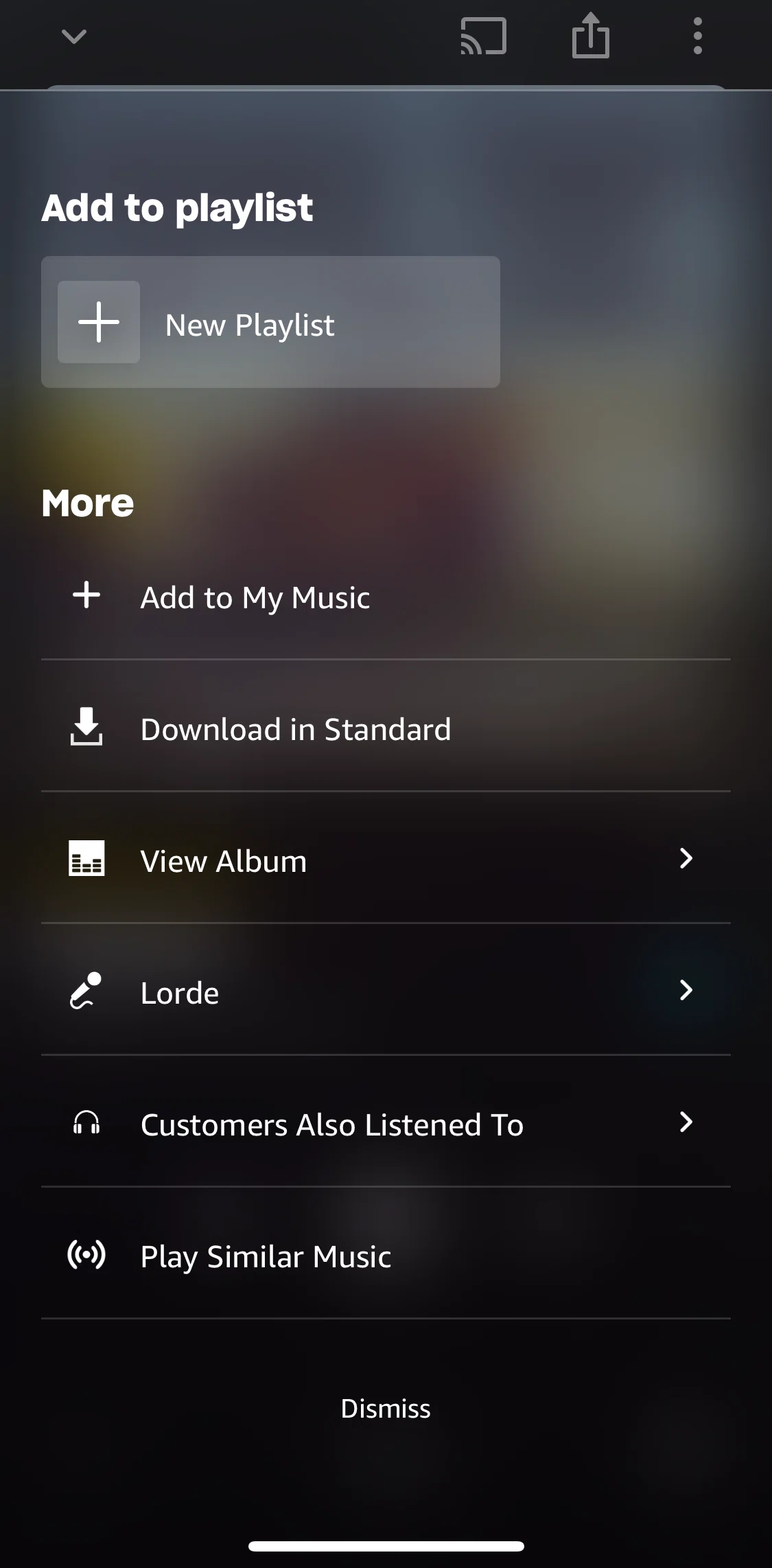 Amazon Music Screen screen in the View album flow