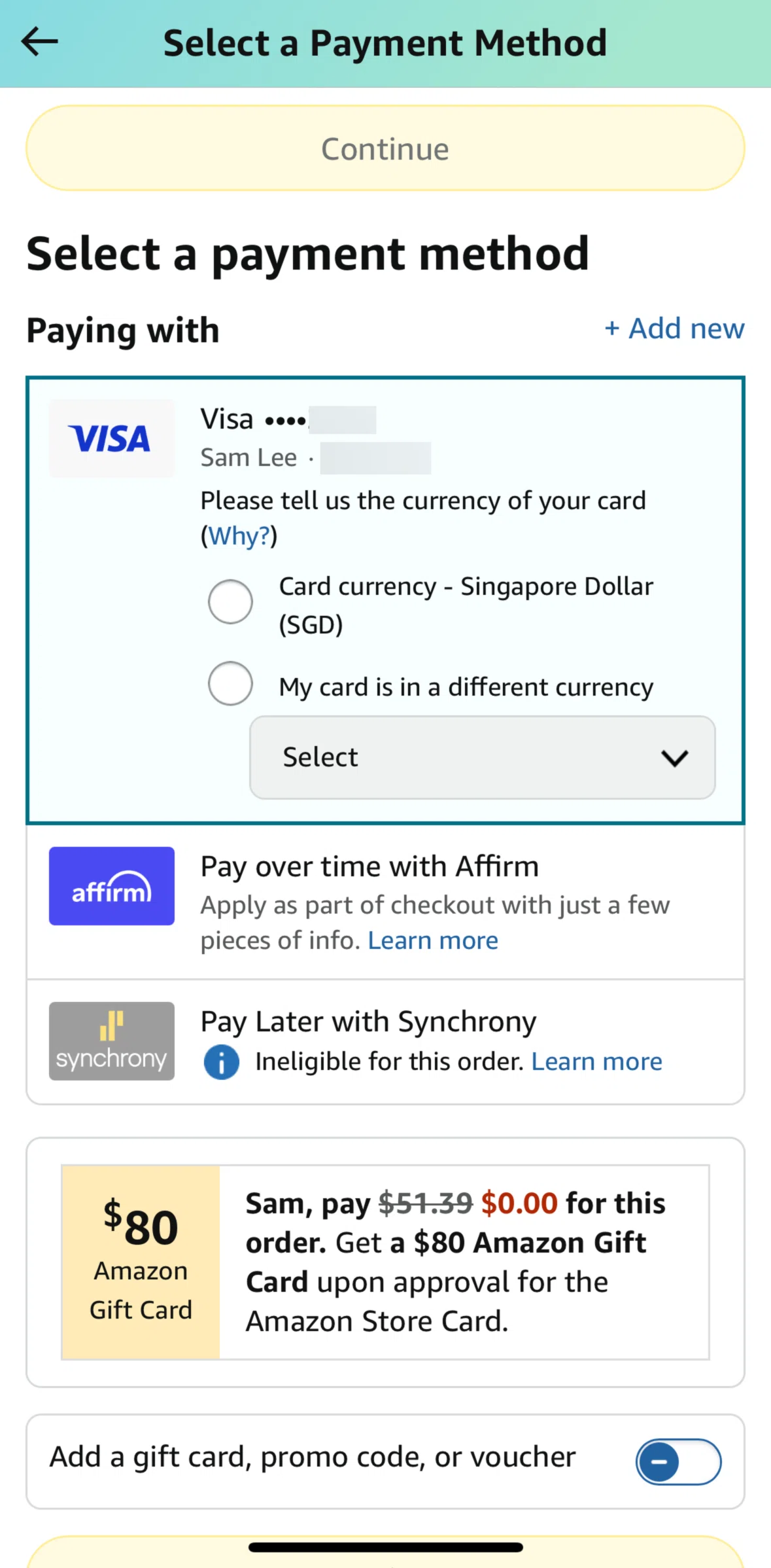 Amazon Shopping Screen screen in the Adding a payment method flow