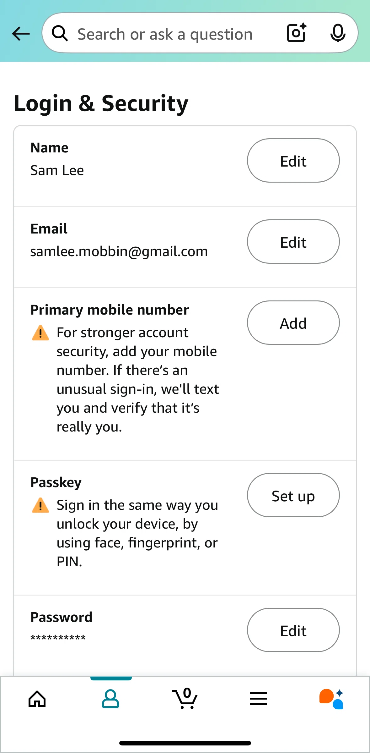 Amazon Shopping Screen screen in the Adding a phone number flow