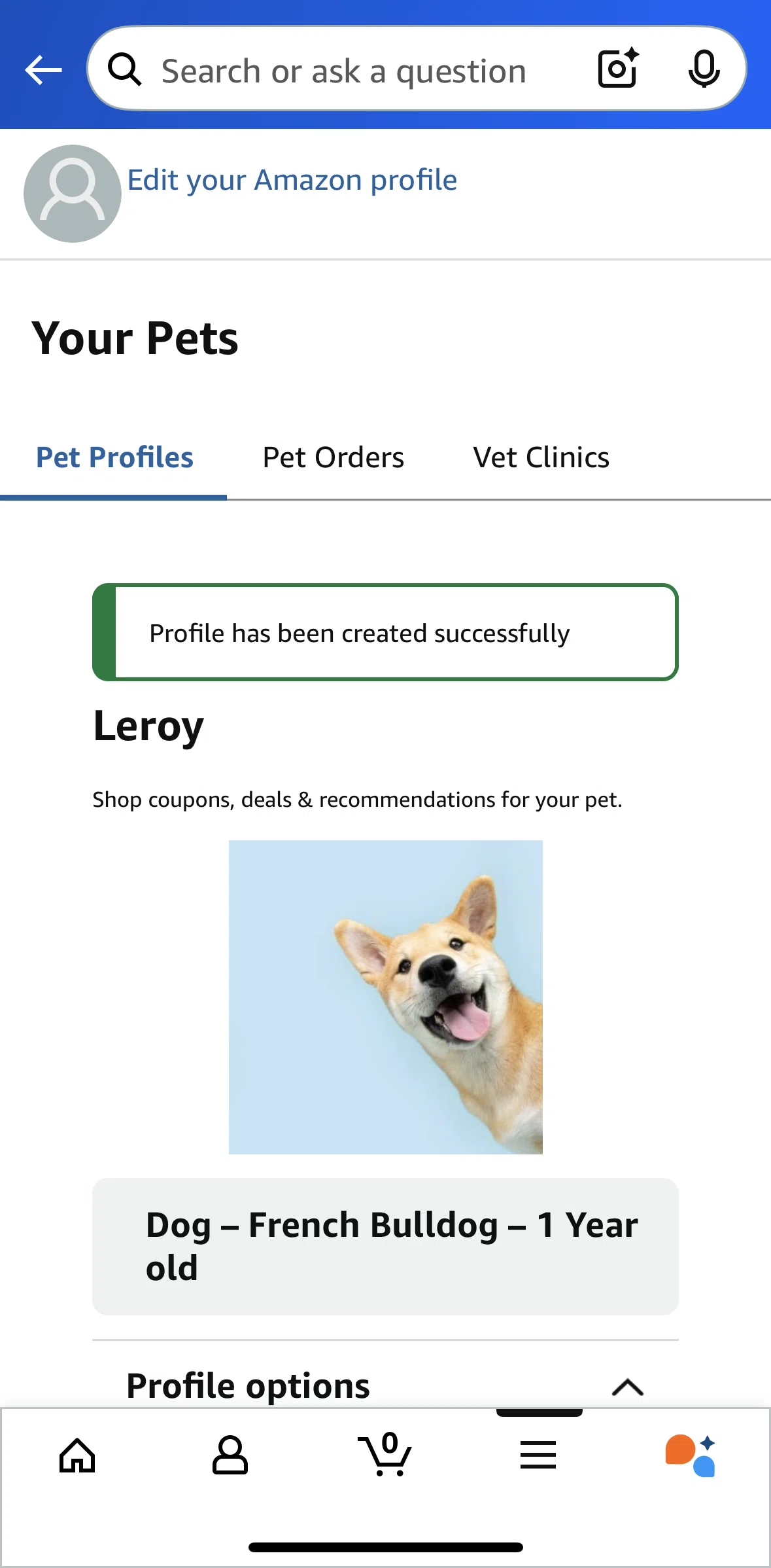 Amazon Shopping Screen screen in the Adding a vet clinic flow