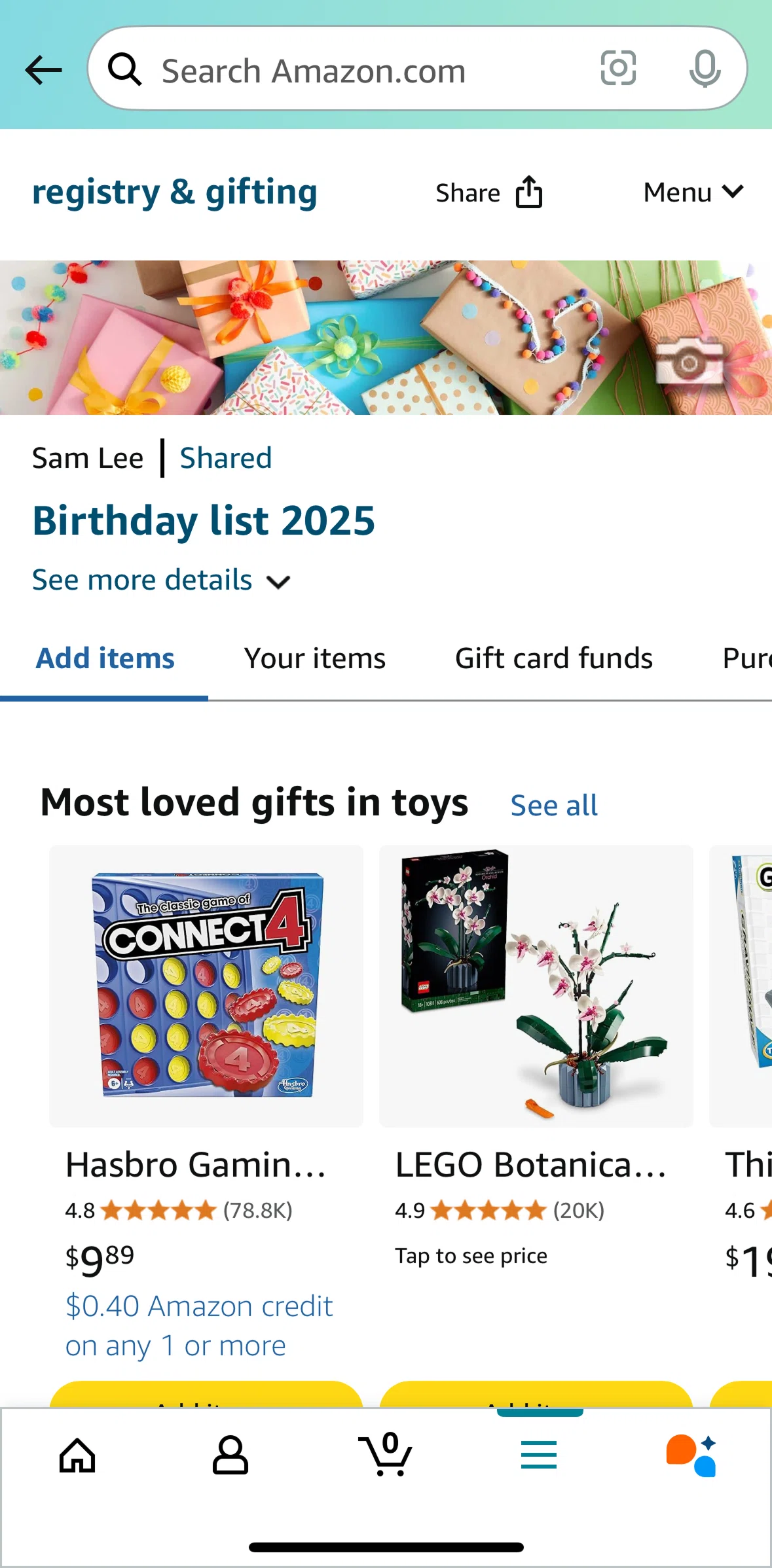 Amazon Shopping Screen screen in the Adding an item to a registry flow