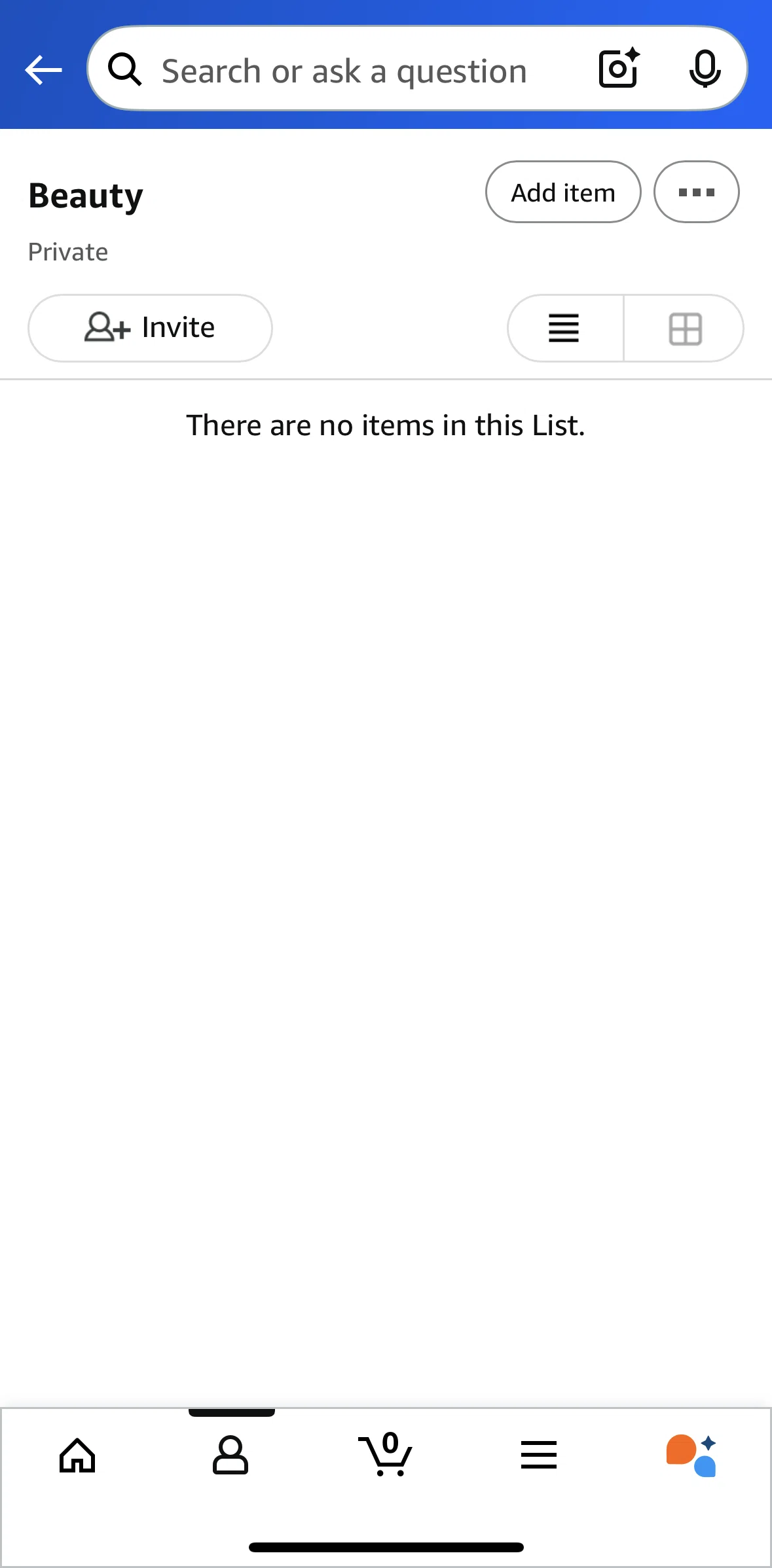 Amazon Shopping Screen screen in the Adding an item to list flow