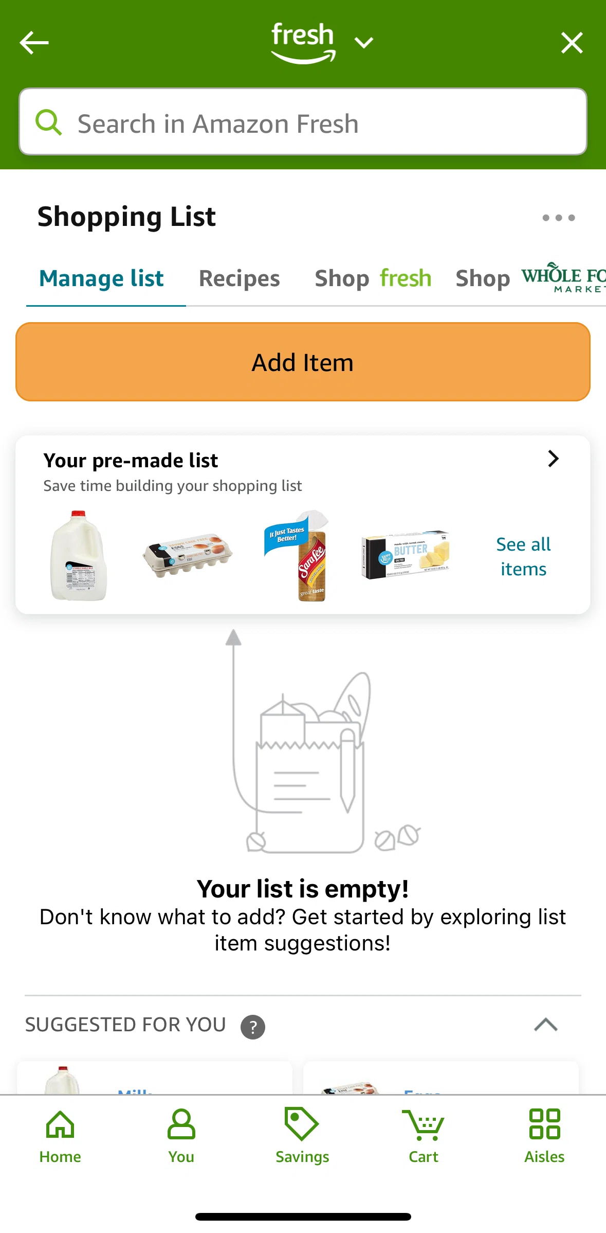 Amazon Shopping Screen screen in the Adding ingredients to a list (pre-made list) flow