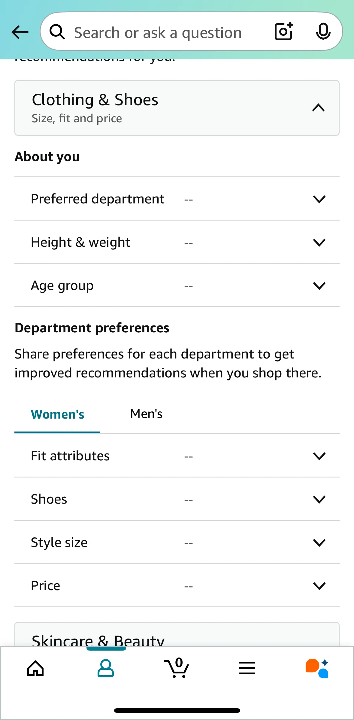 Amazon Shopping Screen screen in the Adding preferences (shoes) flow